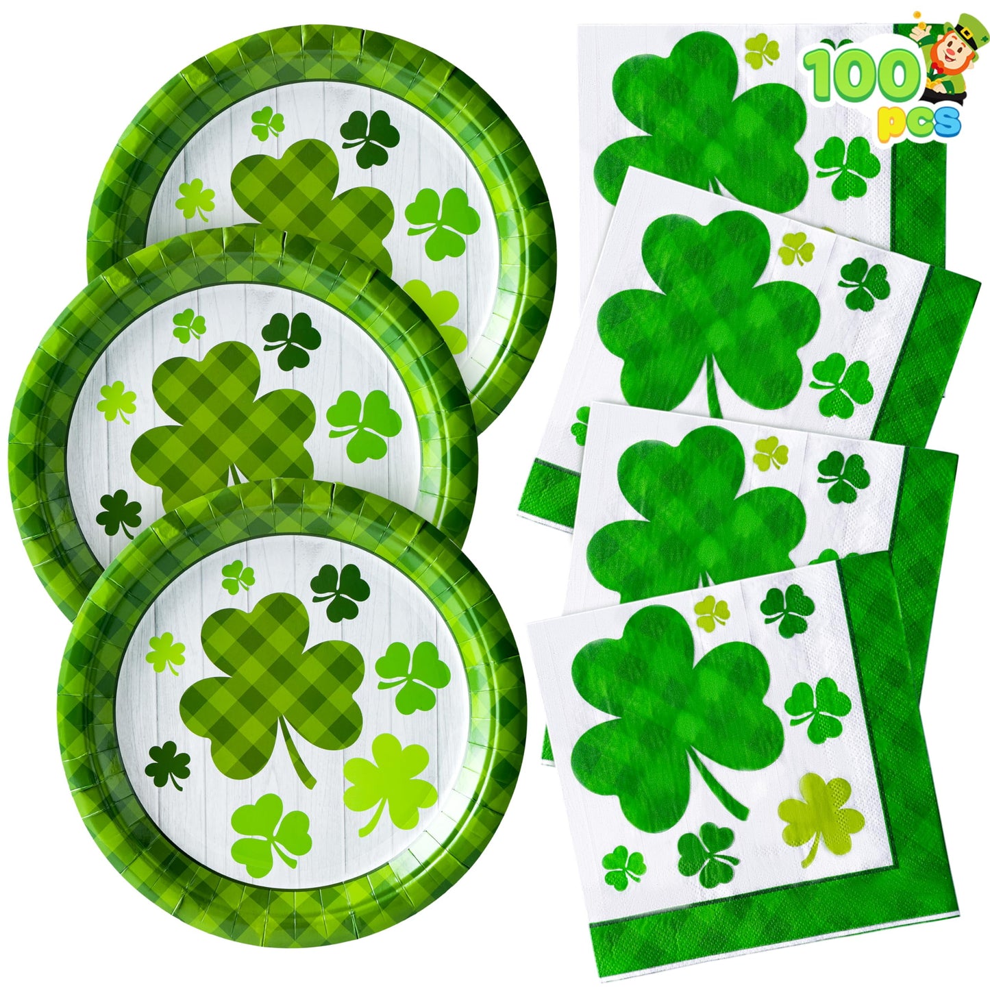 A set of 100 St. Patrick's Day plates and napkins, accommodating 50 pieces. 50 green clover checkered plates and 50 green clover checkered paper napkins, designed with clover