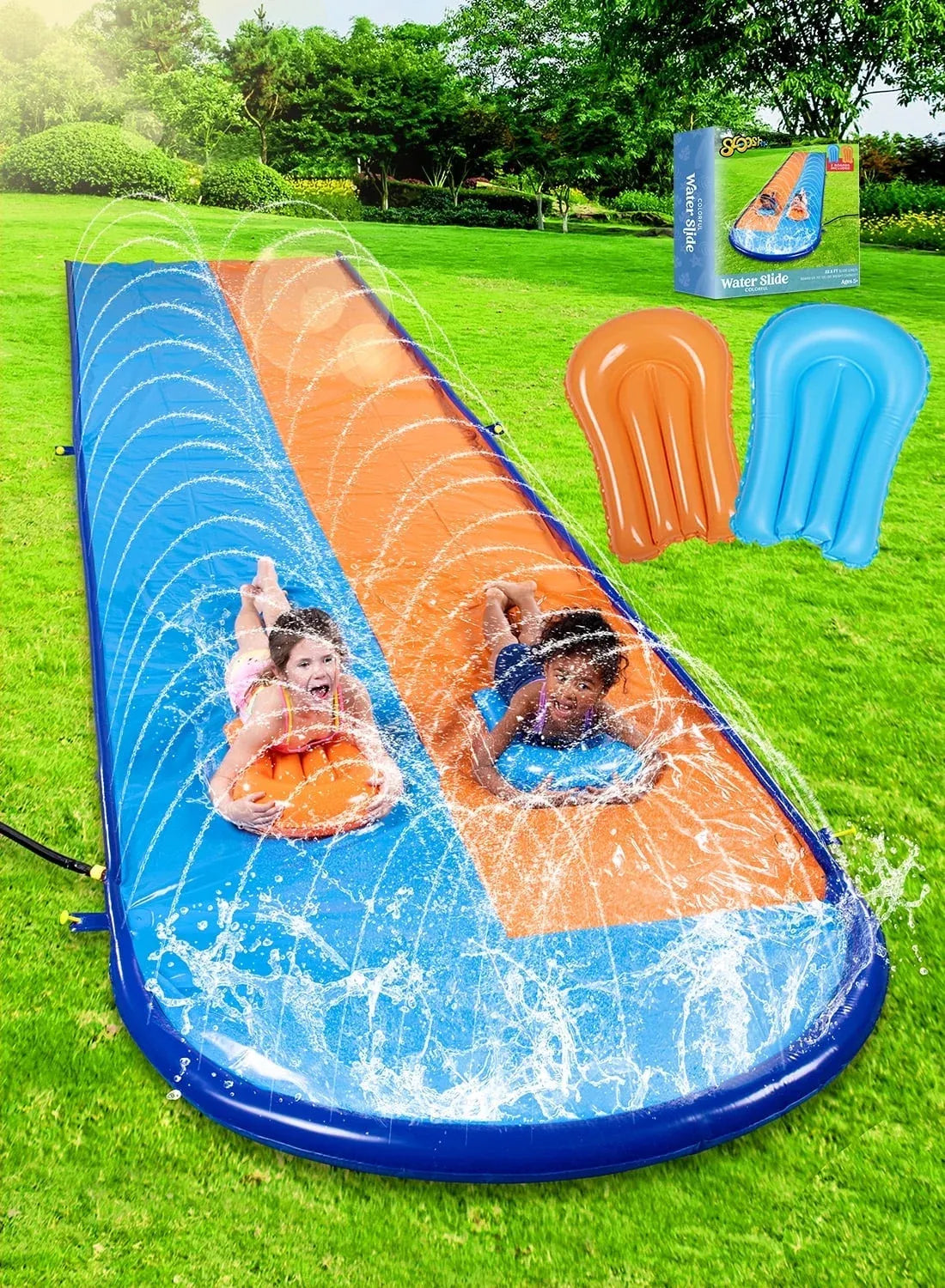 Syncfun 22.5ft Water Slides with 2 Boogie Boards, 2 Sliding Racing Lanes and Sprinklers, Backyard Outdoor Lawn Summer Toy, Shark