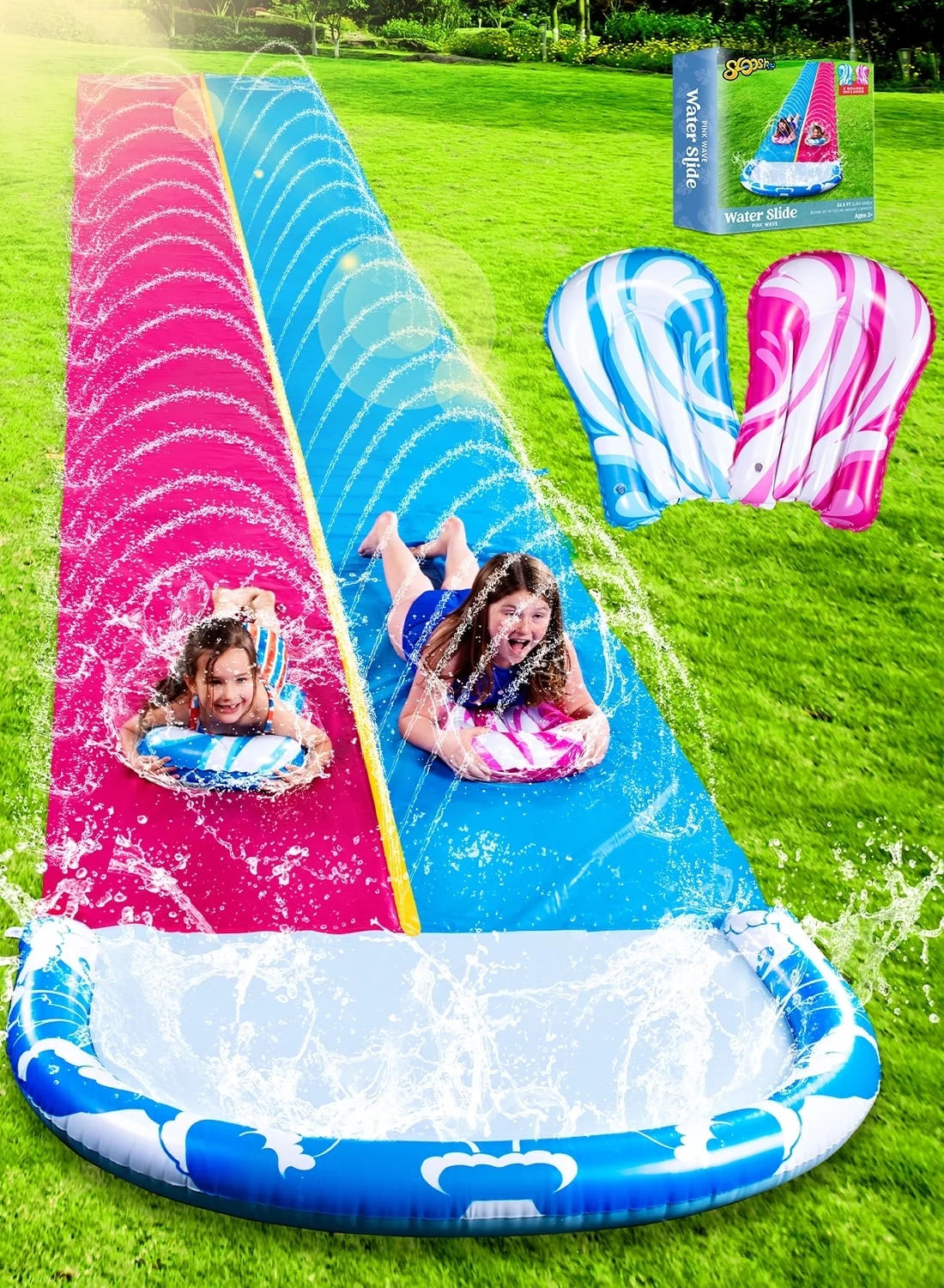 22.5ft Double Water Slide, Heavy Duty Lawn Water Slide with Sprinkler, and 2 Slip Inflatable Boards for Summer Yard Lawn Outdoor Water Play Activities