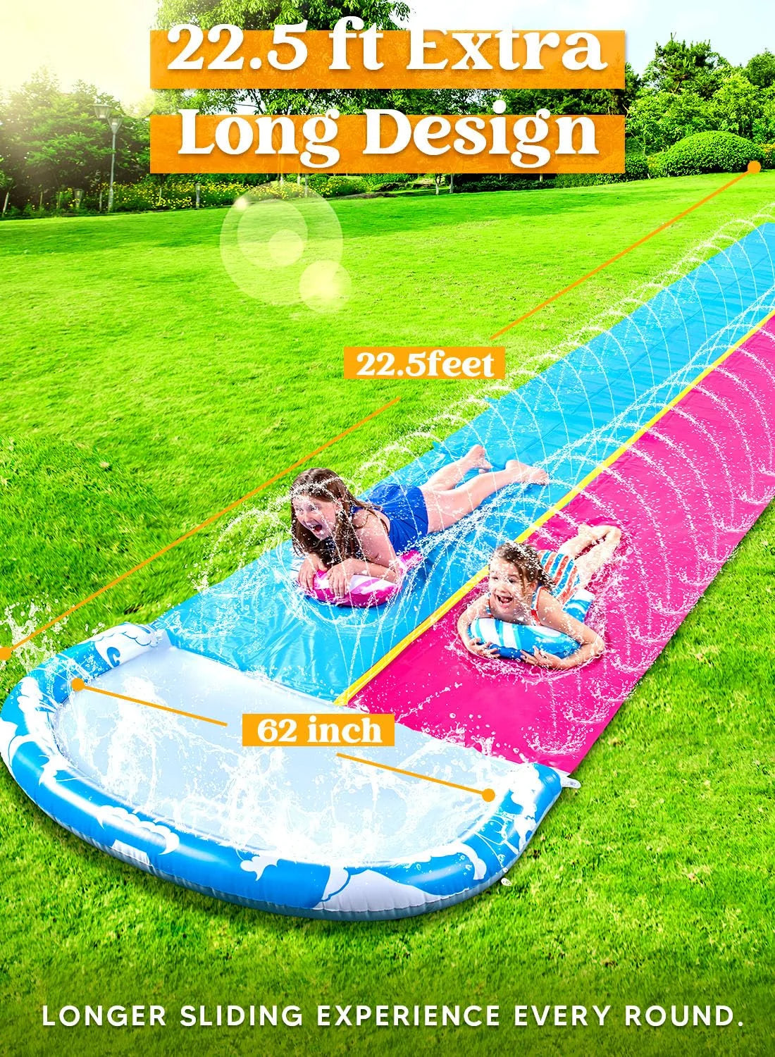 22.5ft Double Water Slide, Heavy Duty Lawn Water Slide with Sprinkler, and 2 Slip Inflatable Boards for Summer Yard Lawn Outdoor Water Play Activities