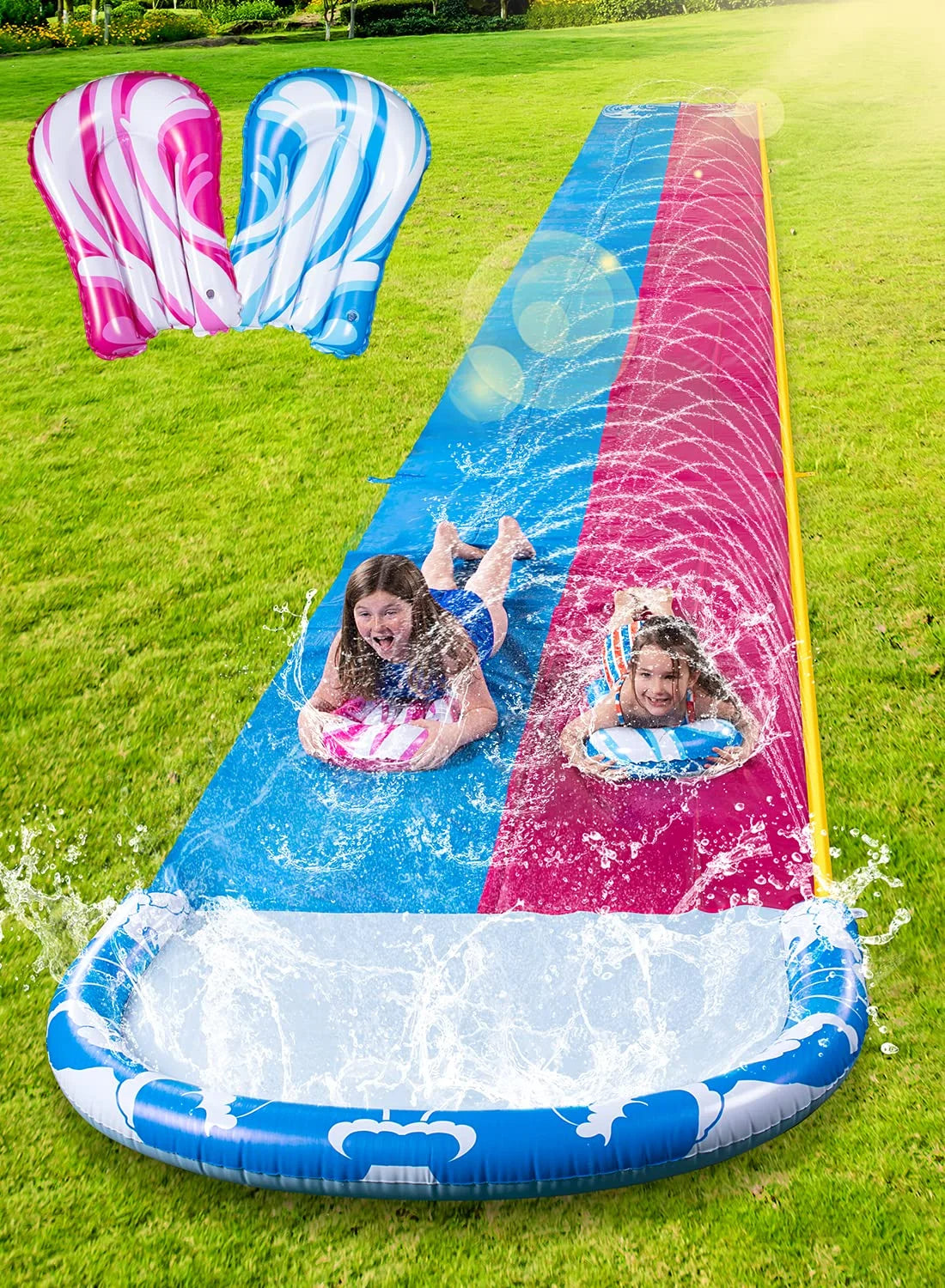 22.5ft Double Water Slide, Heavy Duty Lawn Water Slide with Sprinkler, and 2 Slip Inflatable Boards for Summer Yard Lawn Outdoor Water Play Activities