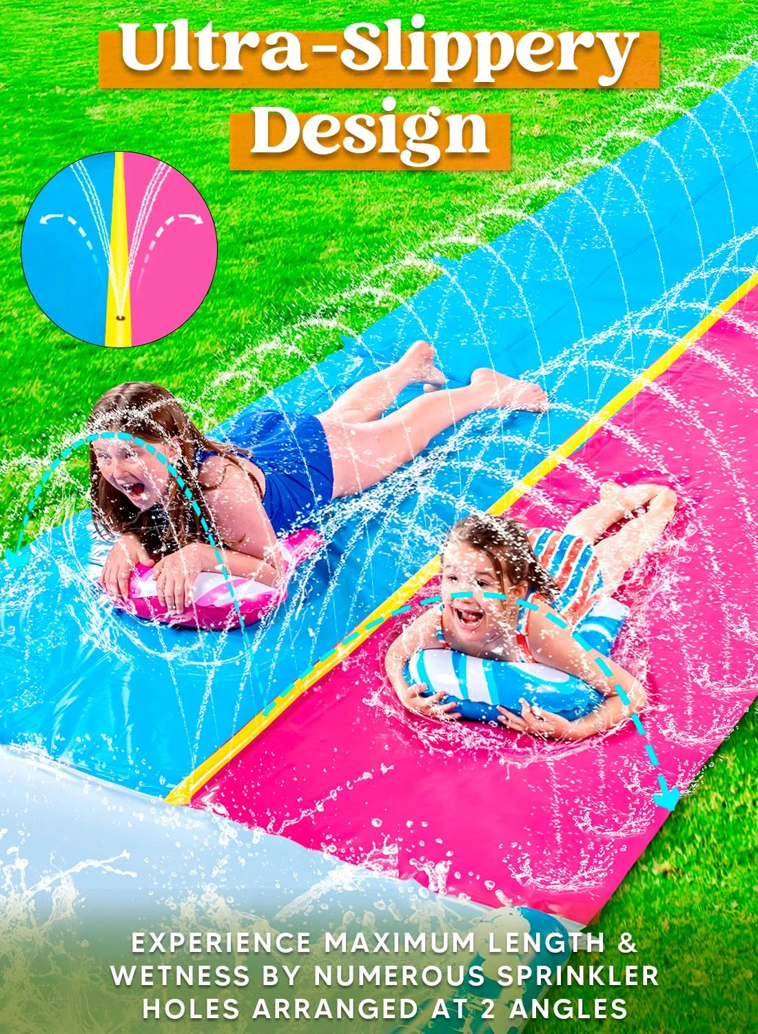 22.5ft Double Water Slide, Heavy Duty Lawn Water Slide with Sprinkler, and 2 Slip Inflatable Boards for Summer Yard Lawn Outdoor Water Play Activities