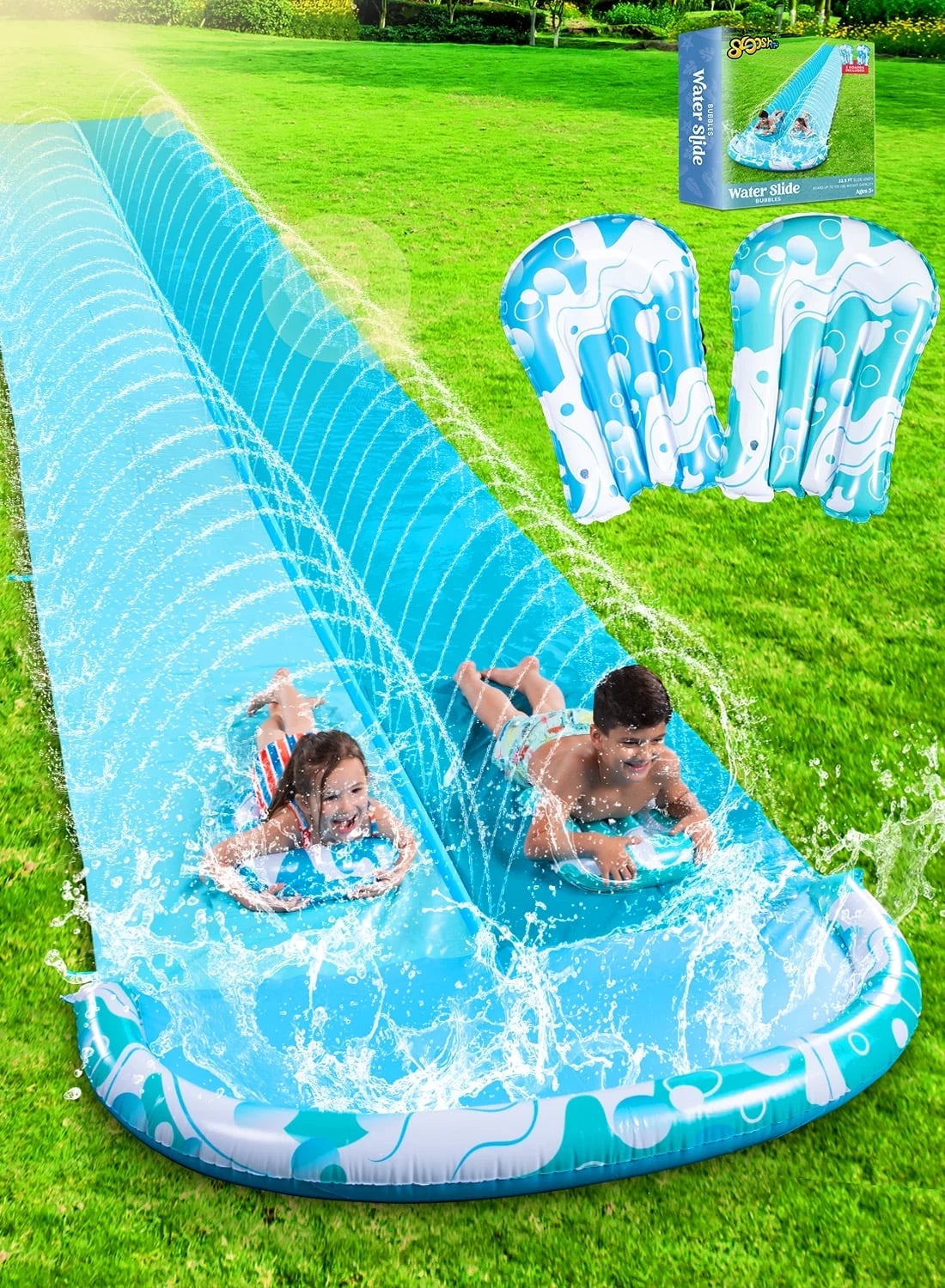 Water Slides with 2 Inflatable Boards, 22.5ft Backyard Outdoor Lawn Slip Waterslide with Sprinklers Summer Toy for Summer Party Yard Lawn Outdoor Water Play Activities