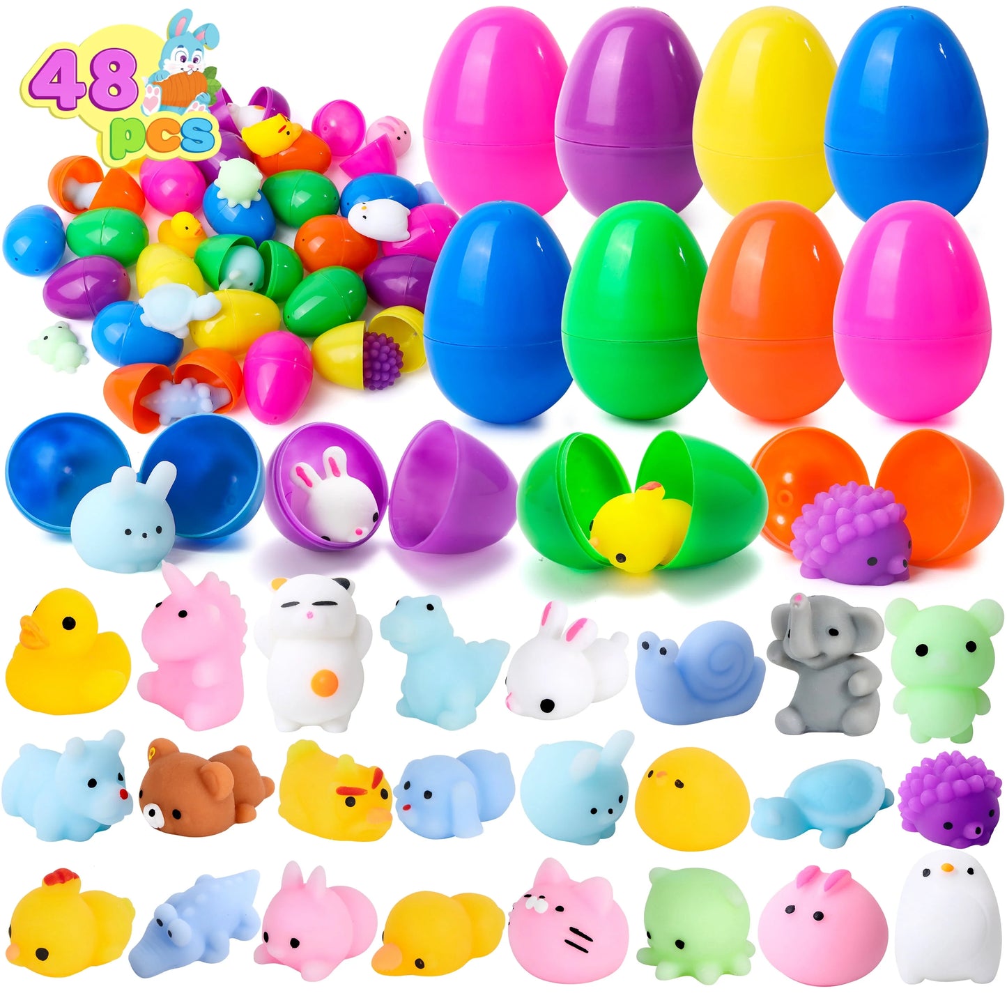 48 Pcs Prefilled Easter Eggs with Toys(24 Mochi and 24 Eggs),Mochi Squishy Small Toys for Easter Eggs,Stuffed Easter Baskets for Toddler Kids
