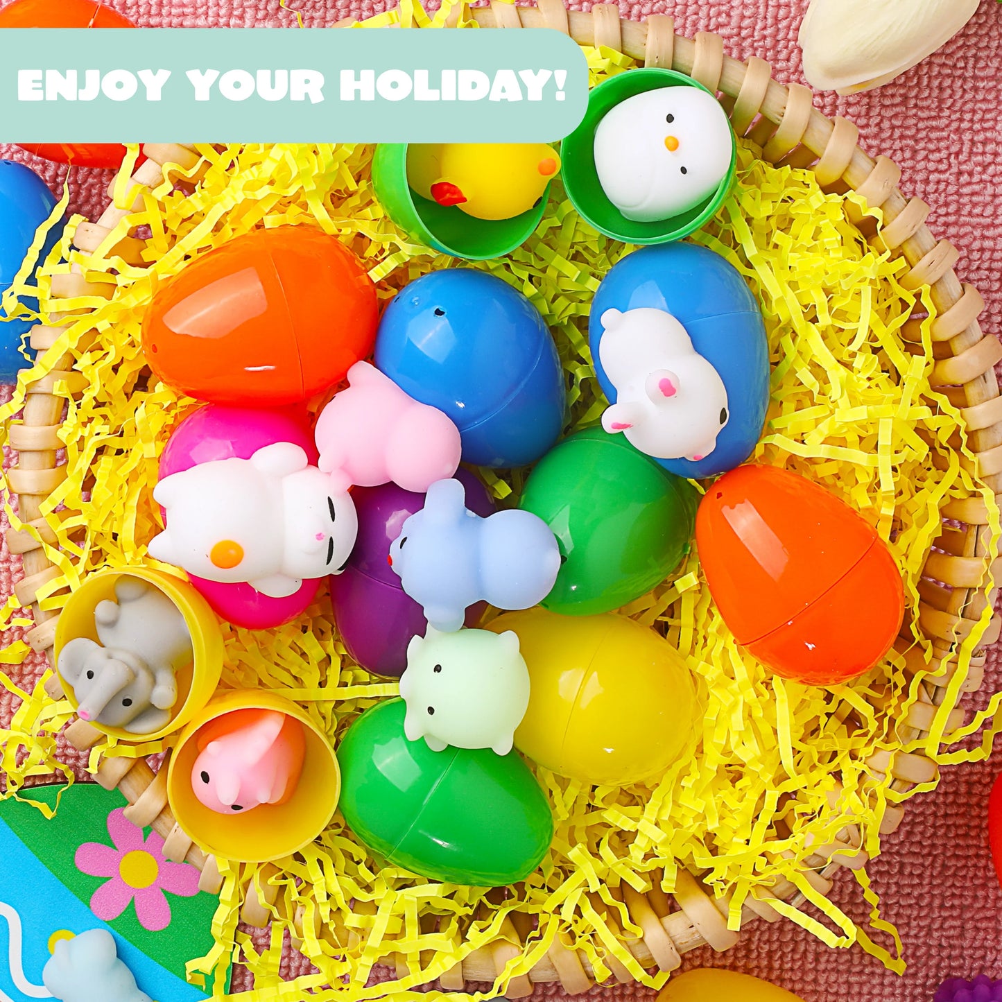 48 Pcs Prefilled Easter Eggs with Toys(24 Mochi and 24 Eggs),Mochi Squishy Small Toys for Easter Eggs,Stuffed Easter Baskets for Toddler Kids