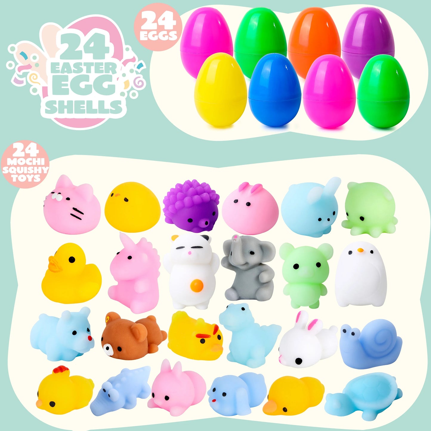 48 Pcs Prefilled Easter Eggs with Toys(24 Mochi and 24 Eggs),Mochi Squishy Small Toys for Easter Eggs,Stuffed Easter Baskets for Toddler Kids
