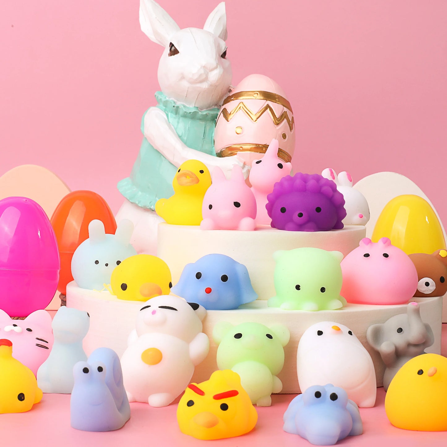48 Pcs Prefilled Easter Eggs with Toys(24 Mochi and 24 Eggs),Mochi Squishy Small Toys for Easter Eggs,Stuffed Easter Baskets for Toddler Kids