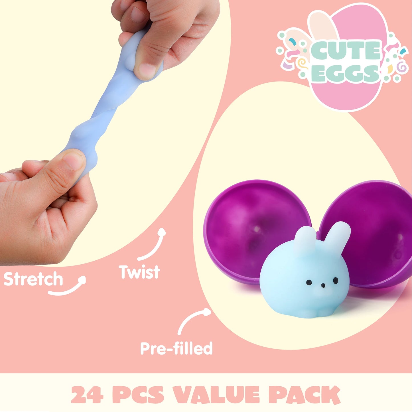 48 Pcs Prefilled Easter Eggs with Toys(24 Mochi and 24 Eggs),Mochi Squishy Small Toys for Easter Eggs,Stuffed Easter Baskets for Toddler Kids