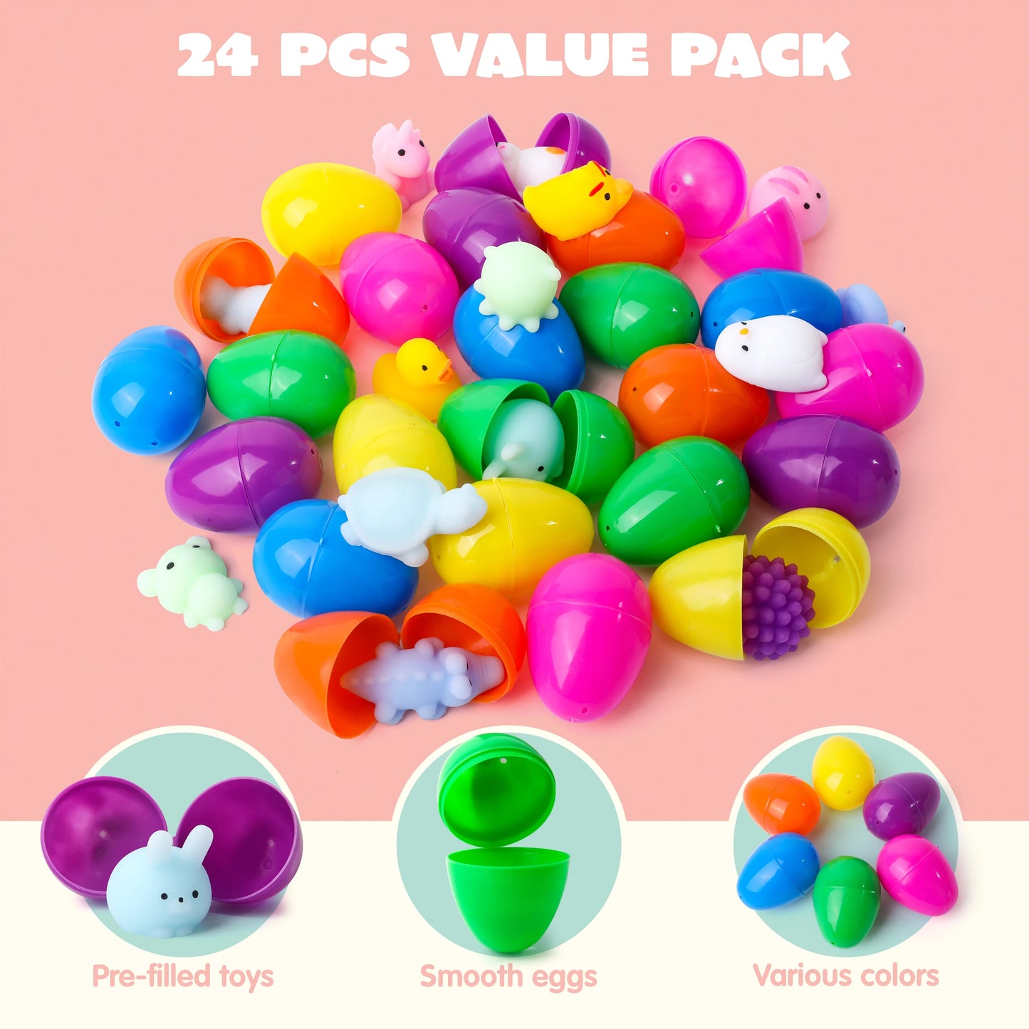 48 Pcs Prefilled Easter Eggs with Toys(24 Mochi and 24 Eggs),Mochi Squishy Small Toys for Easter Eggs,Stuffed Easter Baskets for Toddler Kids