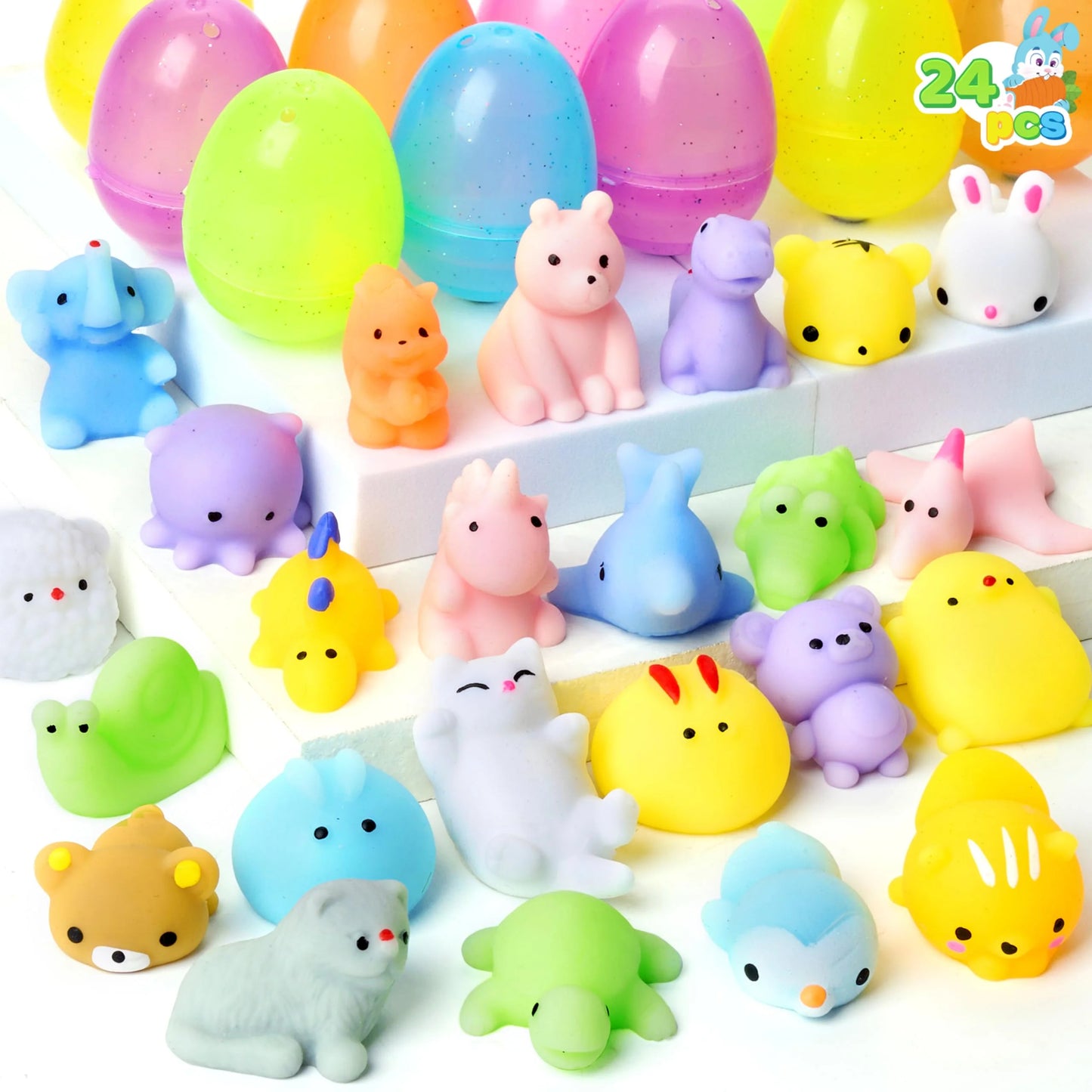 24 sparkling transparent Mochi pre filled Easter eggs, cute stress relieving wet toys for Easter egg hunting