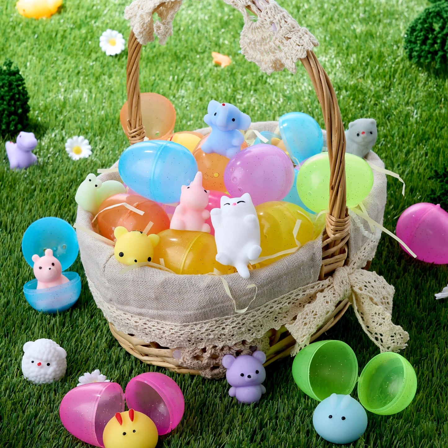 24 sparkling transparent Mochi pre filled Easter eggs, cute stress relieving wet toys for Easter egg hunting