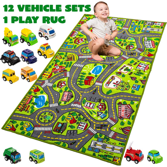 Syncfun Kids Car Play Rug for Playroom,Durable Toddler Car Track Play Mat Rug,Car Carpet with 12 Pull-Back Vehicle Set