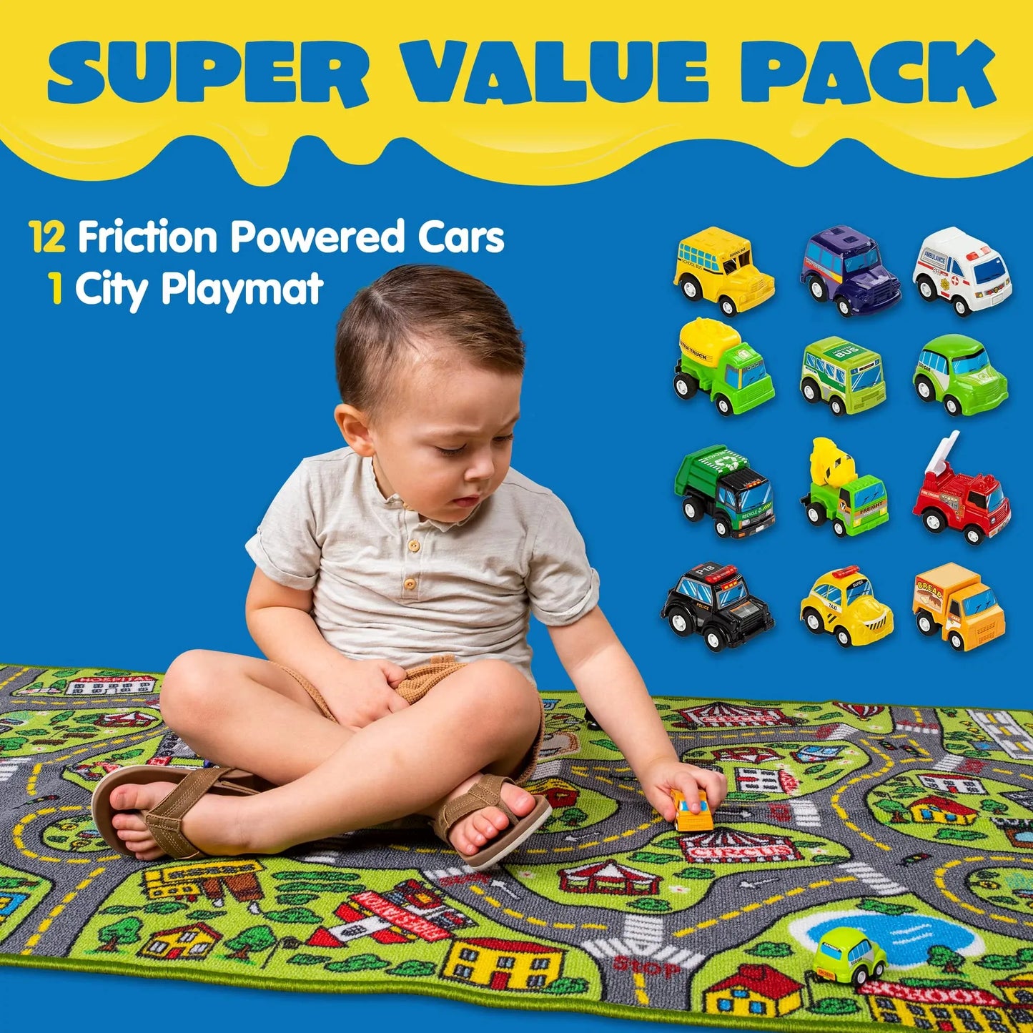 Syncfun Kids Car Play Rug for Playroom,Durable Toddler Car Track Play Mat Rug,Car Carpet with 12 Pull-Back Vehicle Set