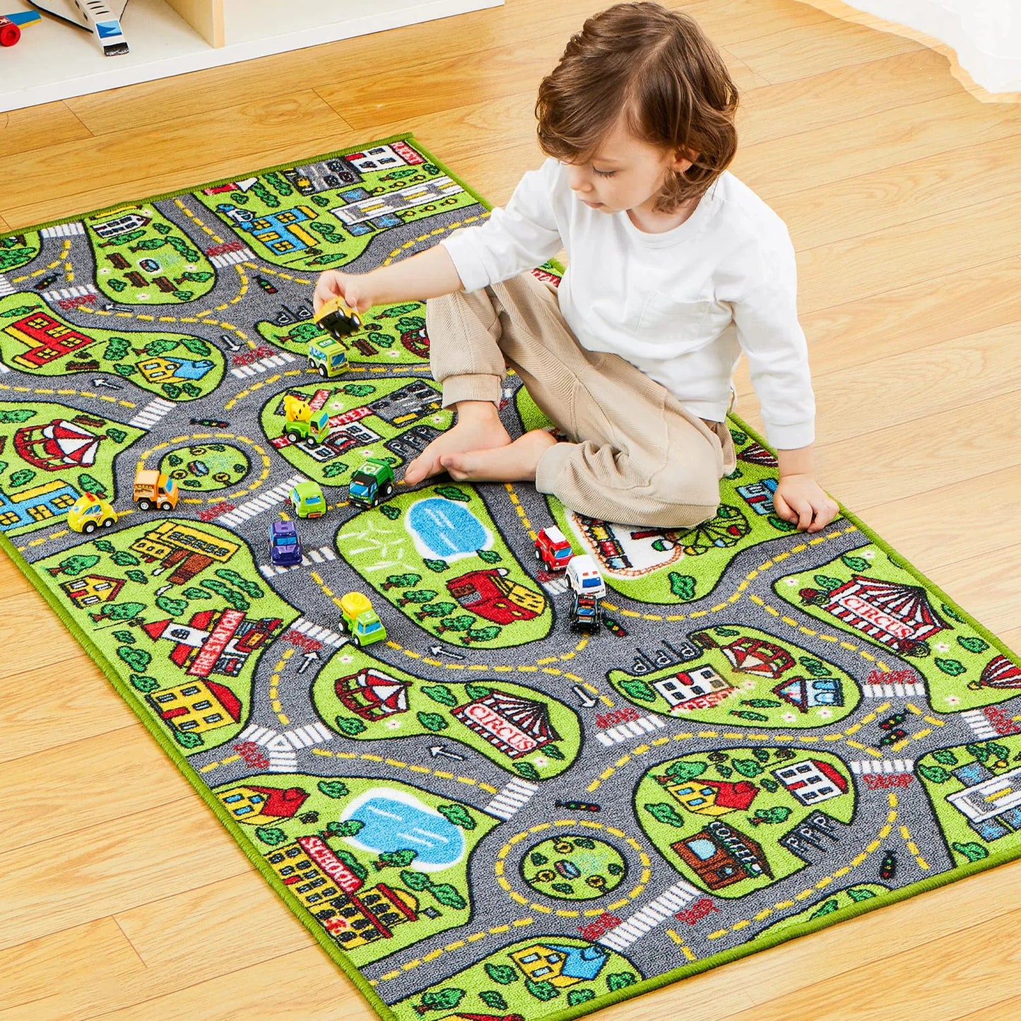 Syncfun Kids Car Play Rug for Playroom,Durable Toddler Car Track Play Mat Rug,Car Carpet with 12 Pull-Back Vehicle Set