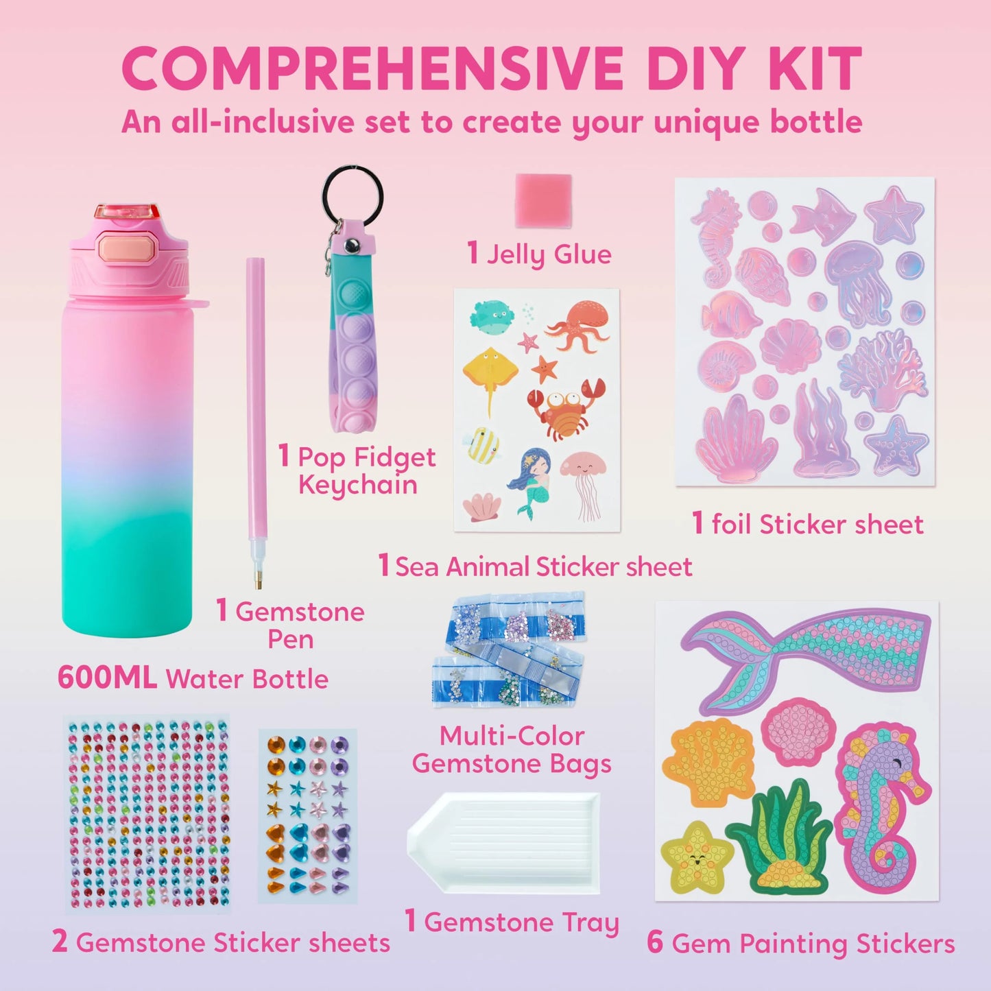 Joyfy Decorate Your Own Mermaid Water Bottle, 20 oz, Purple, with Gem Stickers