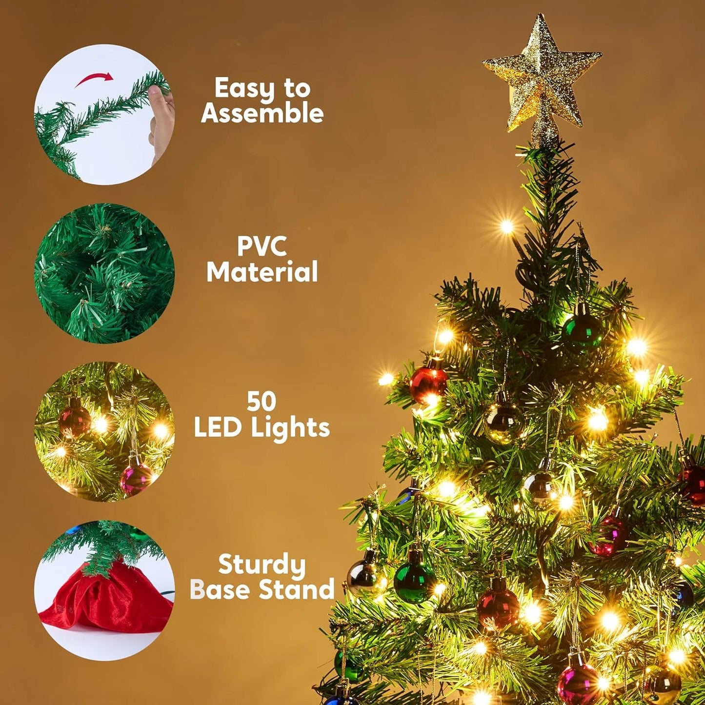 Joyfy 24 Inch Mini Christmas Tree with Lights,Prelit Artificial Christmas Tree with Decorations,Light Up Christmas Ornaments Table Decor (Storage Bag Included)
