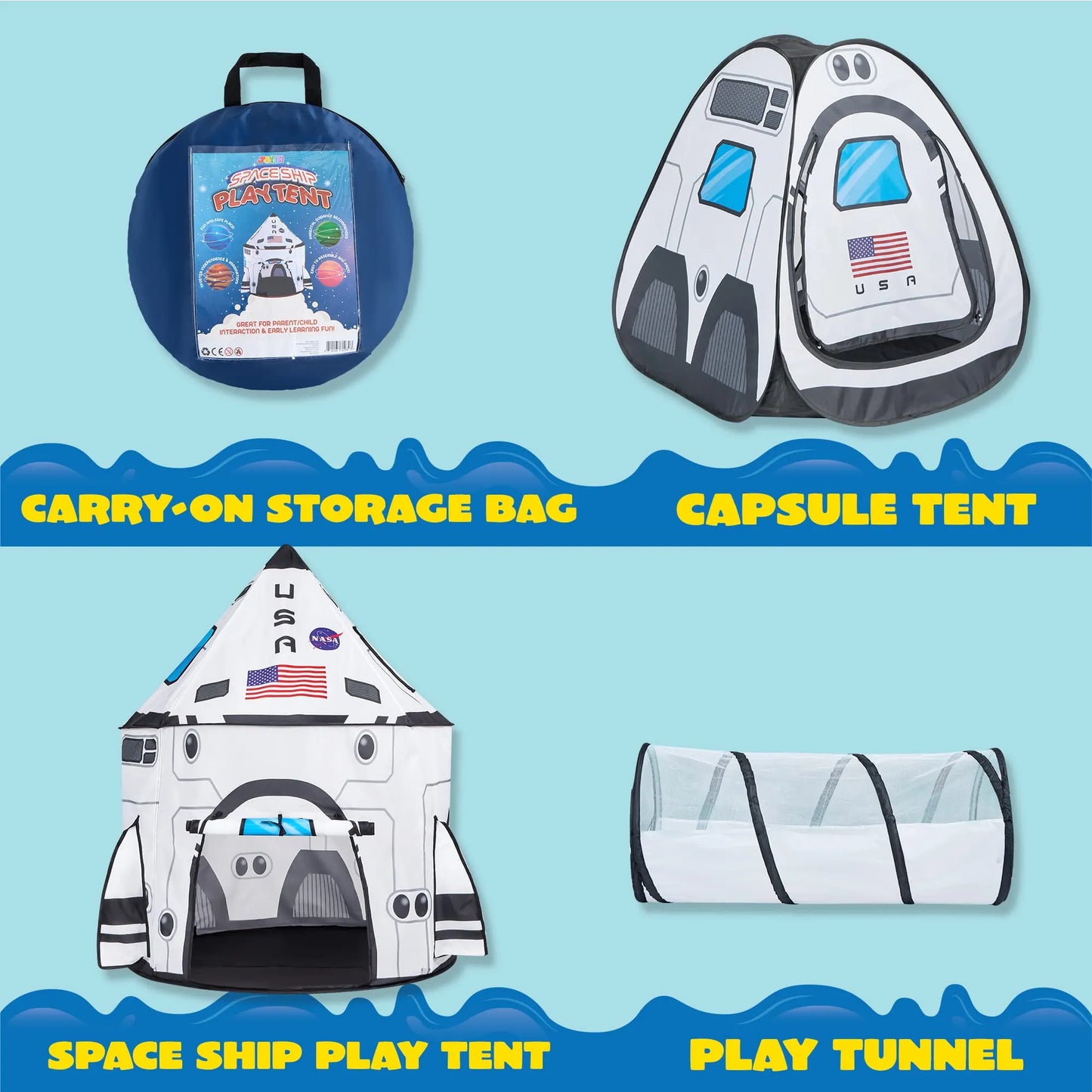 Syncfun Rocket Ship Play Tents Set for Kids, Pop up Playhouse with Tunnel,Kids Pretend Play