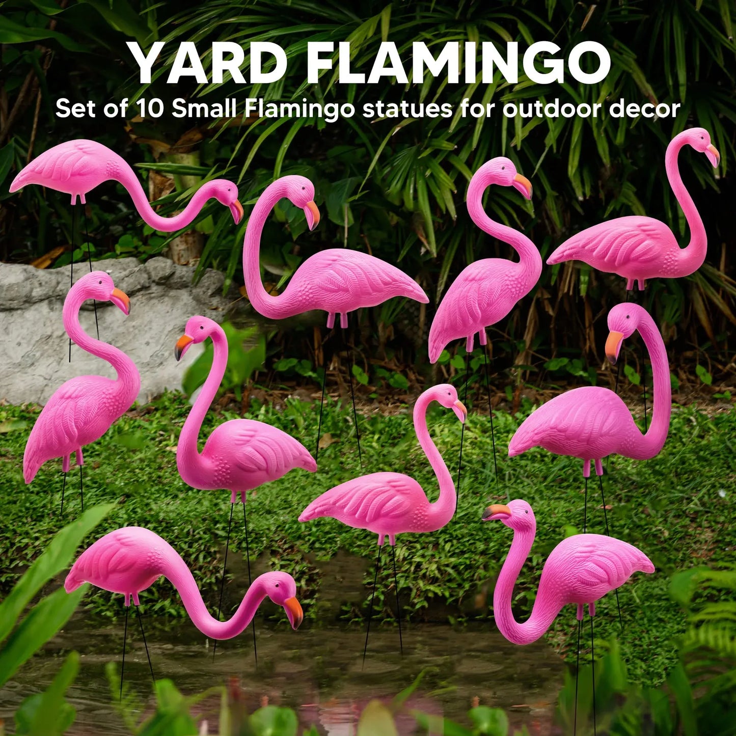 Syncfun 10 Pack Pink Flamingo, Small Yard Ornament Stakes For Outdoor Garden Decor, Luau Party Statue, Beach, Lawn