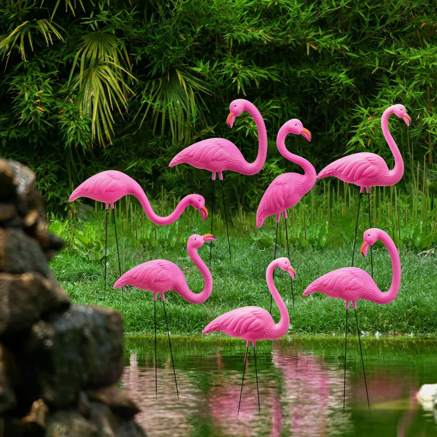 Syncfun 10 Pack Pink Flamingo, Small Yard Ornament Stakes For Outdoor Garden Decor, Luau Party Statue, Beach, Lawn