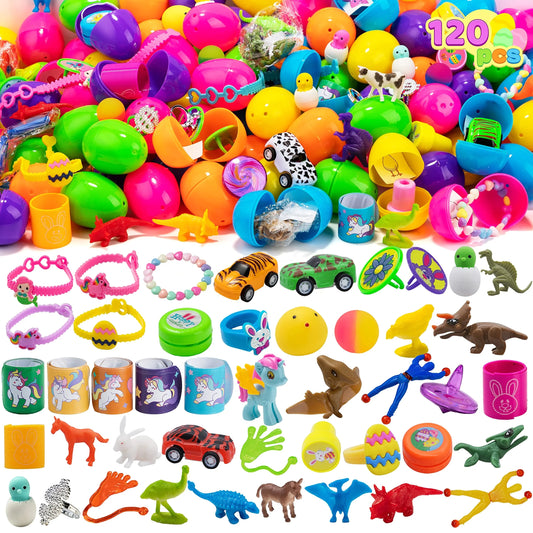 120 pre-filled Easter eggs containing novelty toys and stickers, plastic Easter egg filling, Easter basket filling