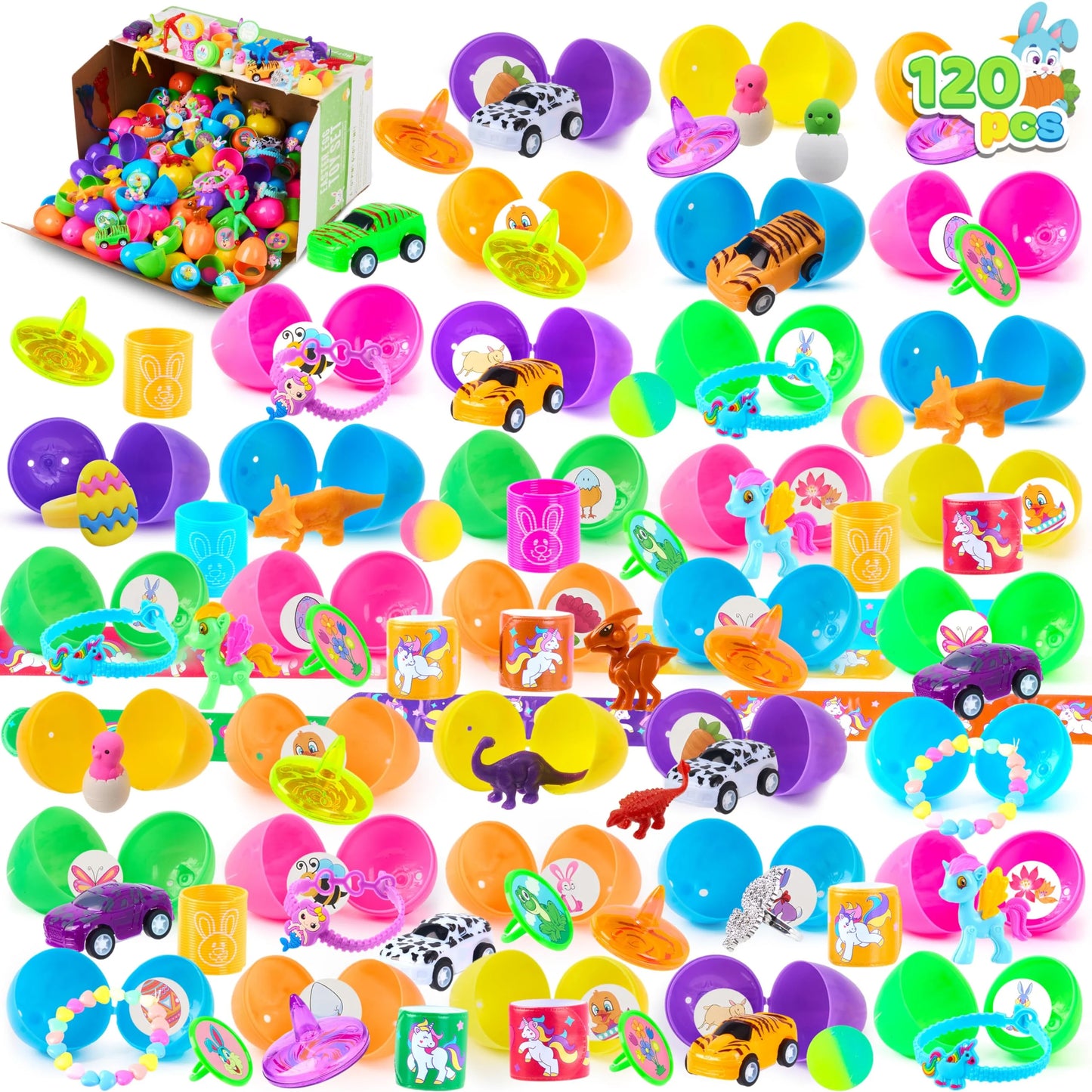 120 pre-filled Easter eggs containing novelty toys and stickers, plastic Easter egg filling, Easter basket filling