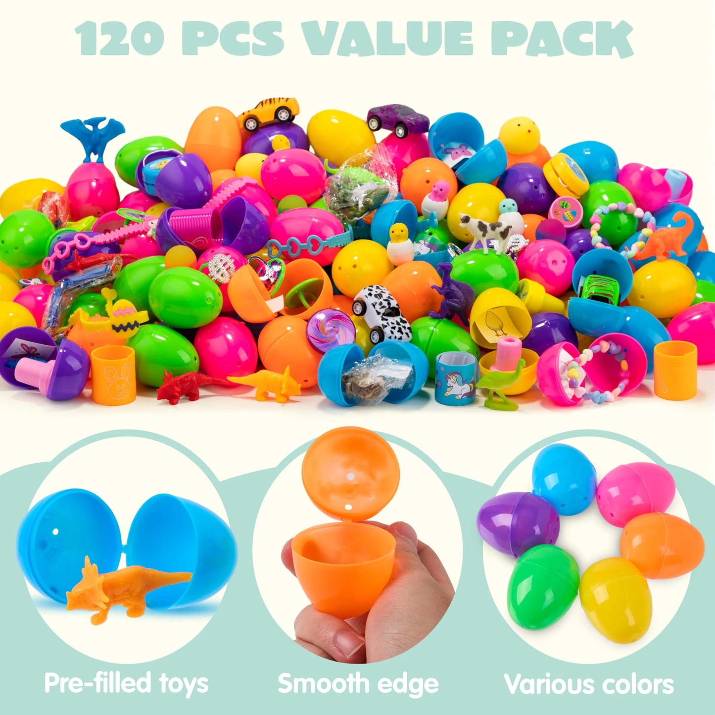 120 pre-filled Easter eggs containing novelty toys and stickers, plastic Easter egg filling, Easter basket filling