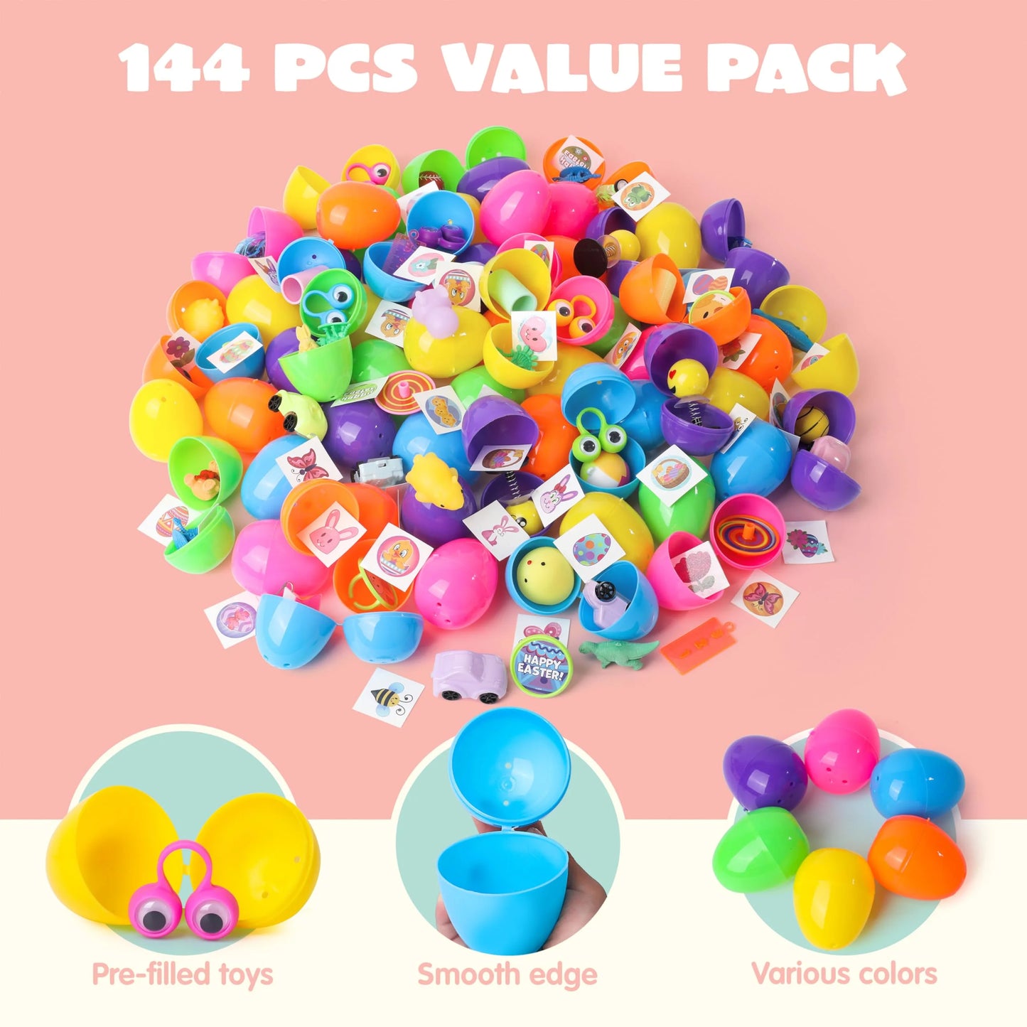 144 pre-filled Easter eggs with a variety of toys for finding Easter eggs
