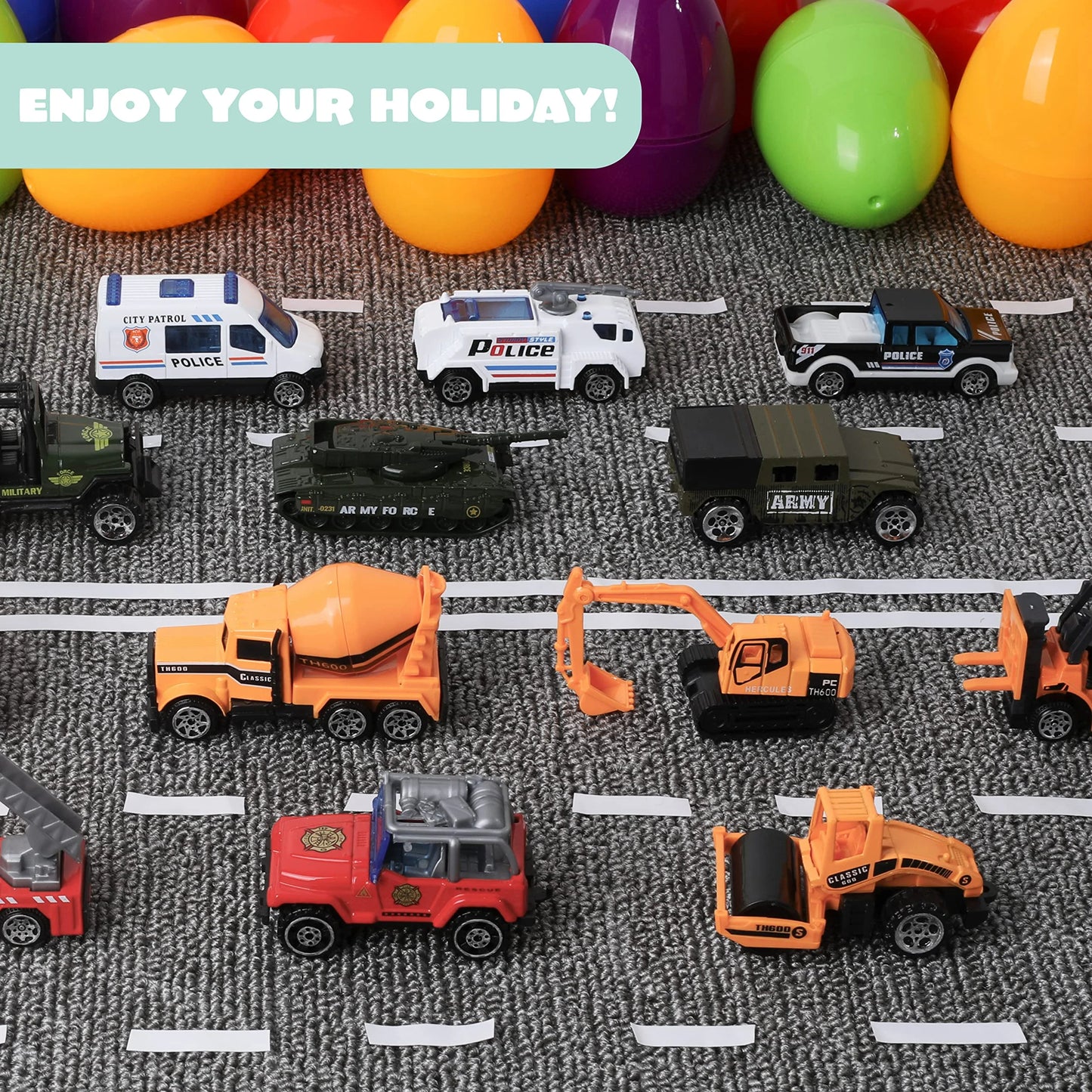 18 giant Easter eggs filled with die-casting cars, pulled back city cars and trucks, children's toy pre filled eggs