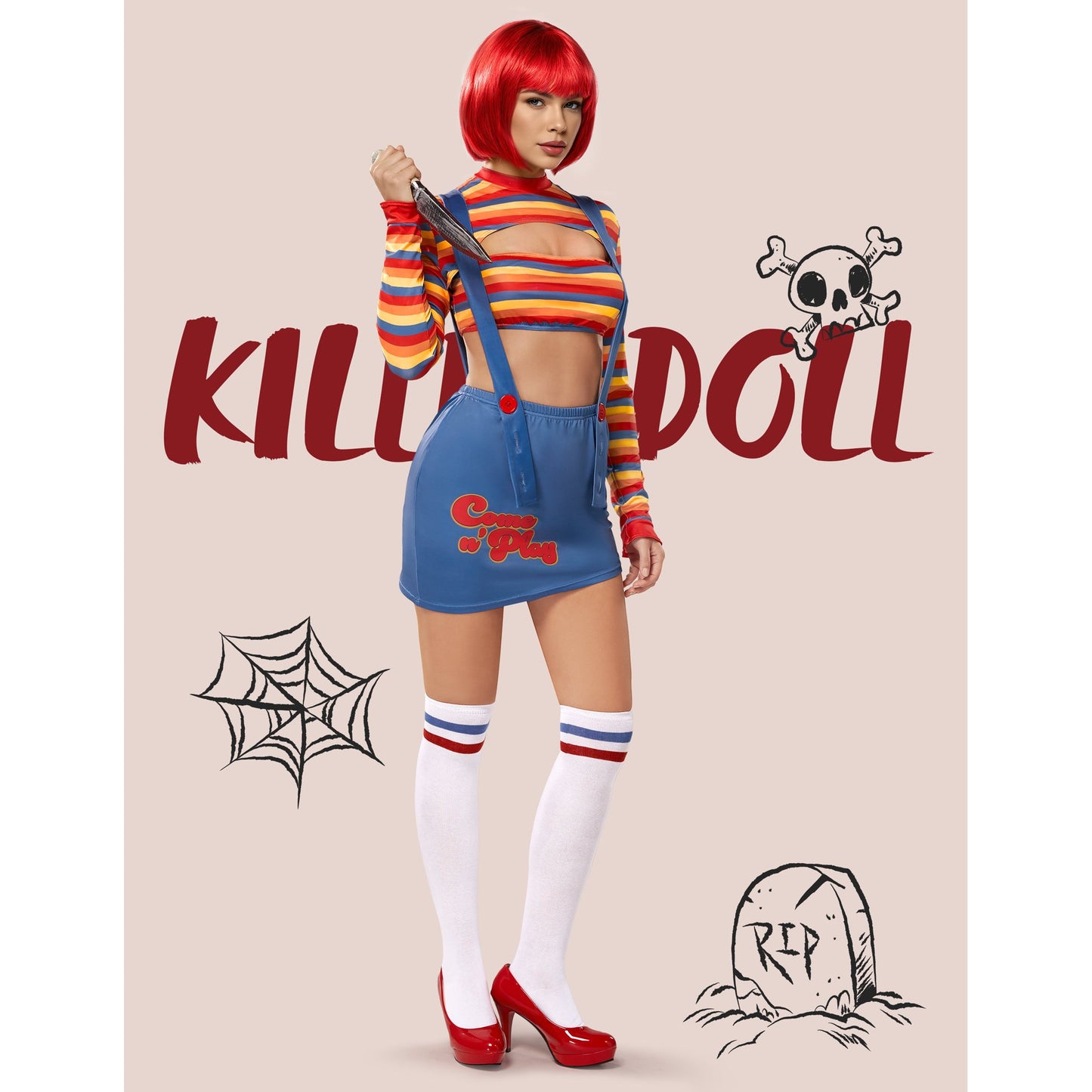 Joyfy Women Killer Doll Costume, Adult Scary Nightmare Killer Doll Dress for Halloween Costume Party Cosplay