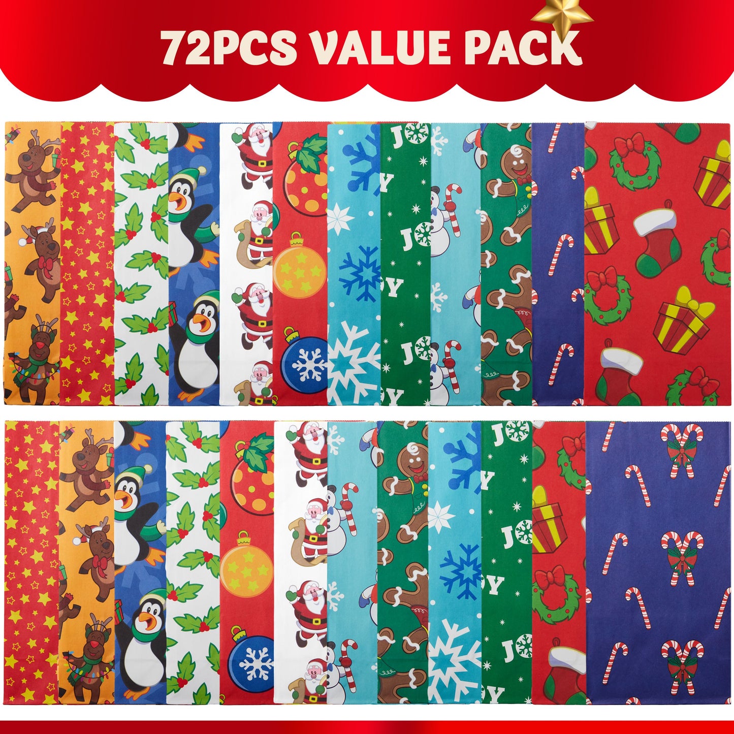 Joyfy 72 Pcs Christmas Holiday Gift Bags, 12 Assorted Christmas Designs Goodie Bags for Classrooms, Party Favors, Small Gift Bags, Kraft Bags and Christmas Craft Bags