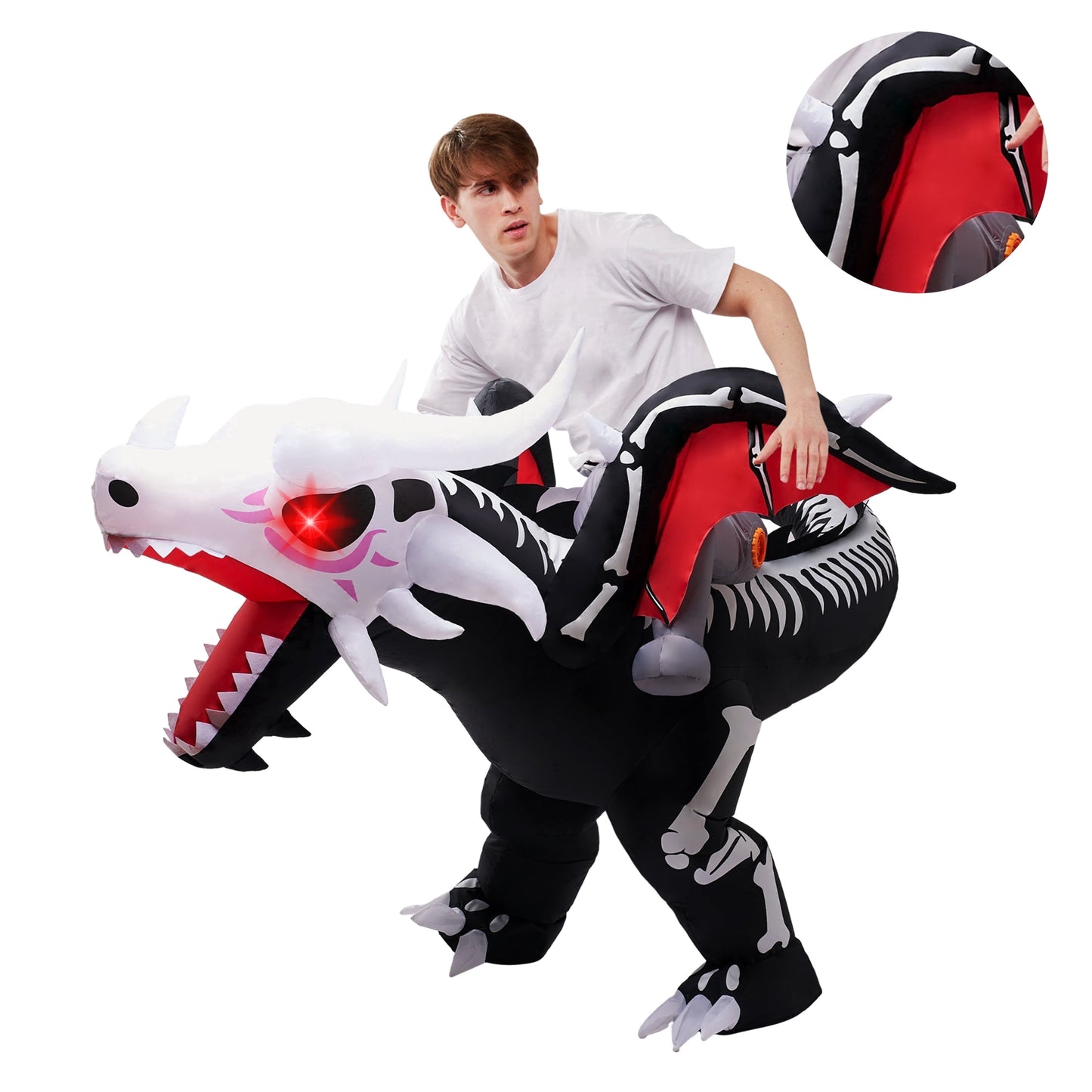 Joyfy Adult Inflatable Dinosaur Costume with LED Light Up Eyes, Skeleton Ride On Blow Up Costume for Halloween Party, Cosplay and Themed Dress Up