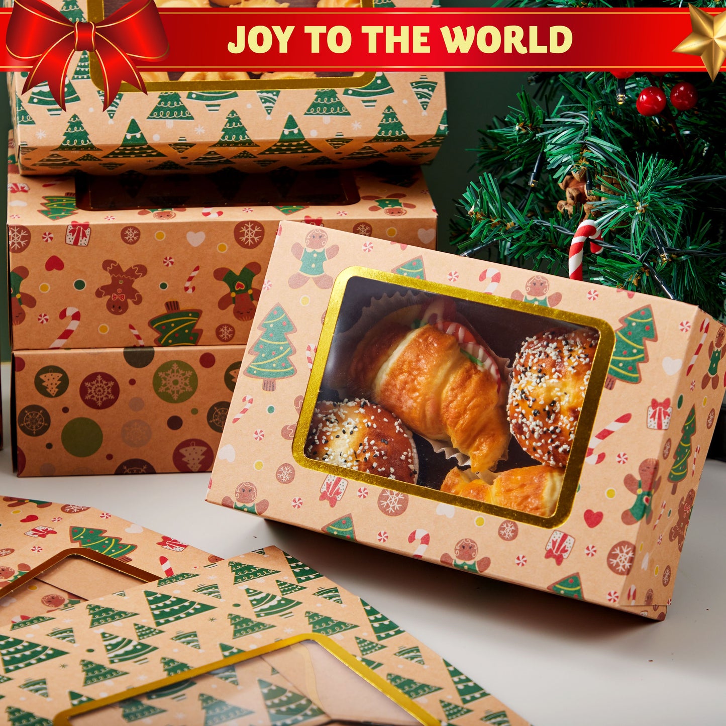 Joyfy 24 Pcs Christmas Foil Cookie Boxes with Window 8.75" x 5.75" x 2.75”Bakery Treat Gift Box for Pastries, Cupcakes, Cookies, Brownies, Donuts Gift Giving
