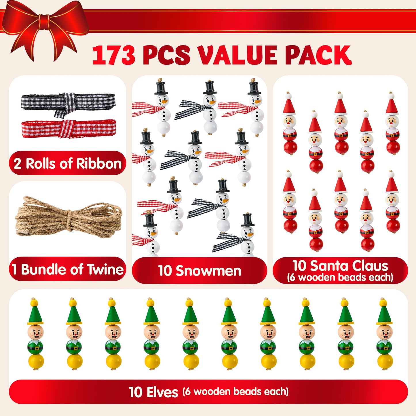 Joyfy 173 Pcs Christmas Wooden Beads Craft, Make Your Own Craft Wood Round Beads Make up to 30 Hanging Ornaments of Snowman, Santa Santa & Elf for Christmas Decoration