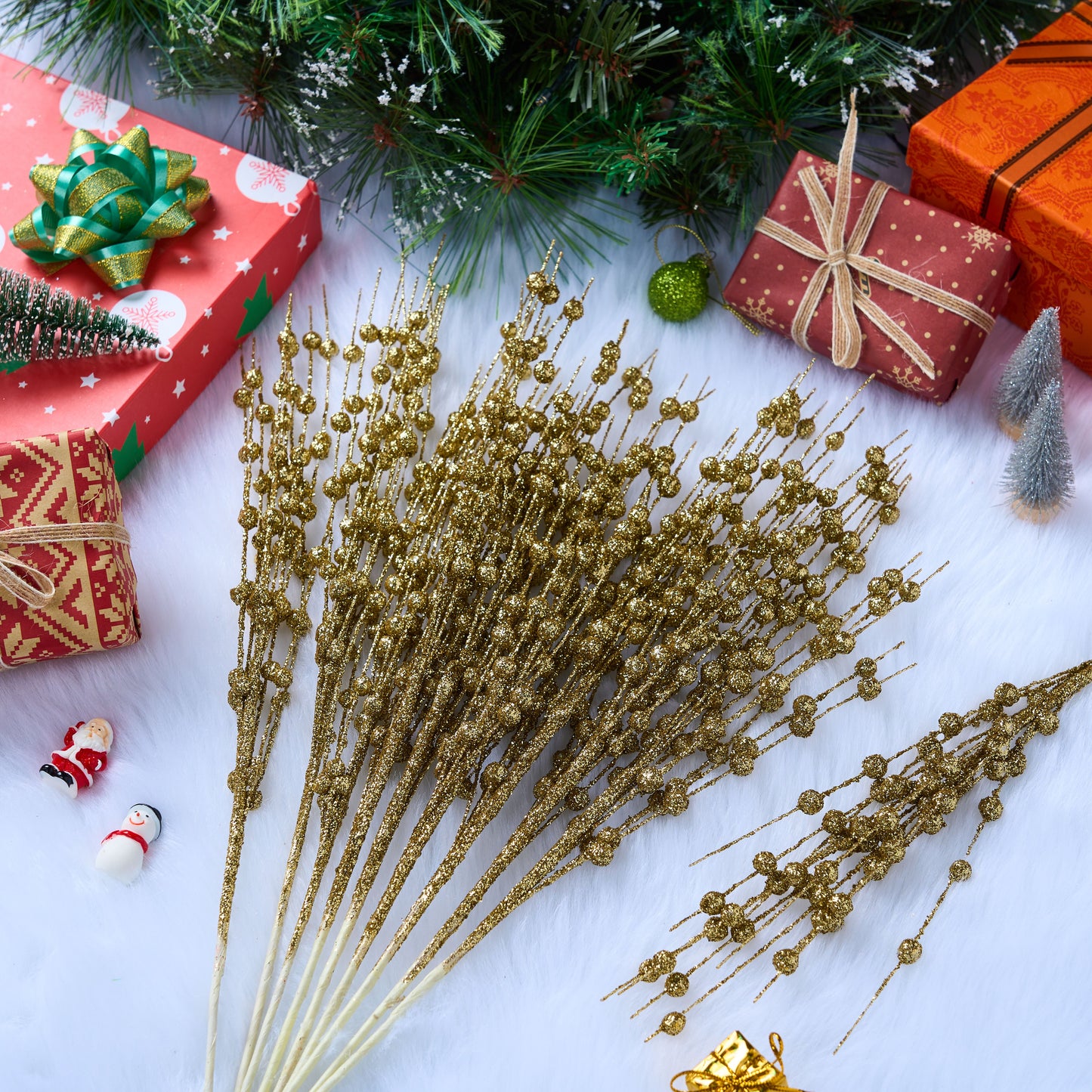 Joyfy 24 Pcs Christmas Tree Berry Stem, 20 Inches Decorative Bead Sticks, Glittery Twigs, Picks, Branches for Christmas Tree, Small Vase, Holiday, Wedding, Party (Gold)