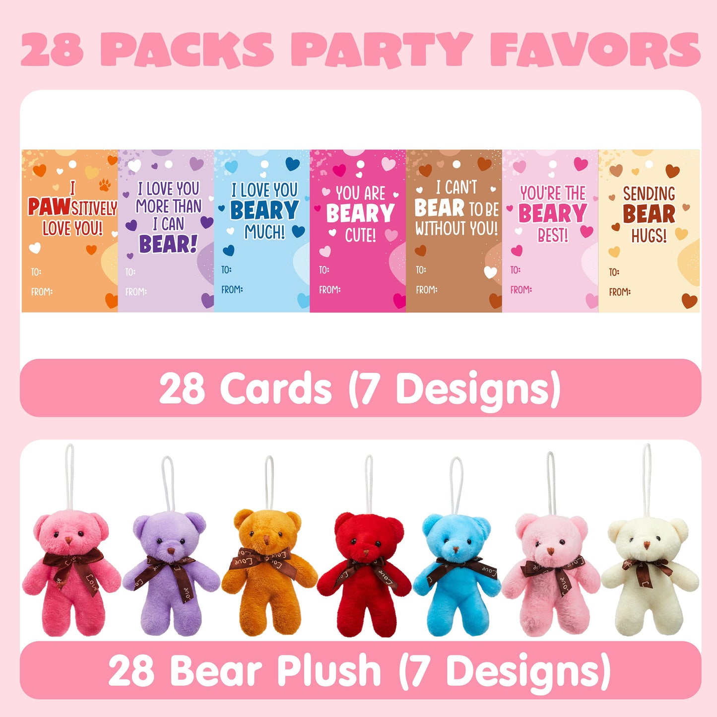 28 Packs Valentine's Day Gift Cards with Mini Bears Plush Toy Party Favors, Mini Stuffed Animal Plush Toys Plush Toy for Valentines Day Gifts, Kids Classroom School Exchange Prize (Brown Bear)