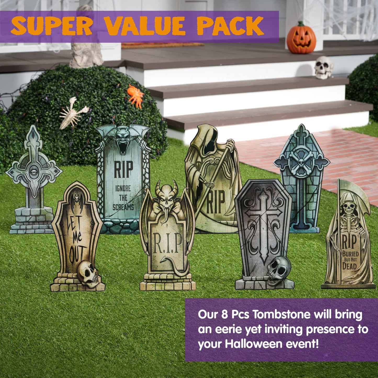 Syncfun 8 Pcs Halloween Tombstones Decorations,16.5" Halloween Foam RIP Graveyard Decorations and 16 Bonus Metal Stakes for Halloween Outdoor Yard Decorations