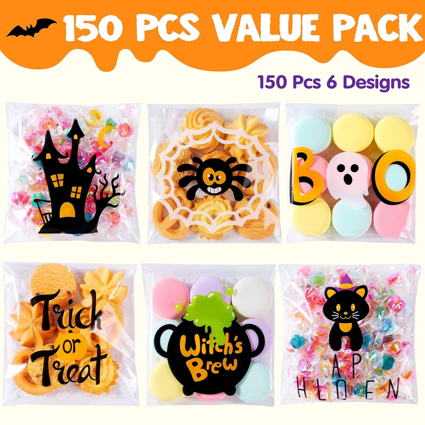 Joyfy 150 Pcs Halloween Treat Bags,Small Goodie Bags Clear Cookie and Candy Bags for Kids Trick or Treating,Cellophane Bags Halloween Party Supplies