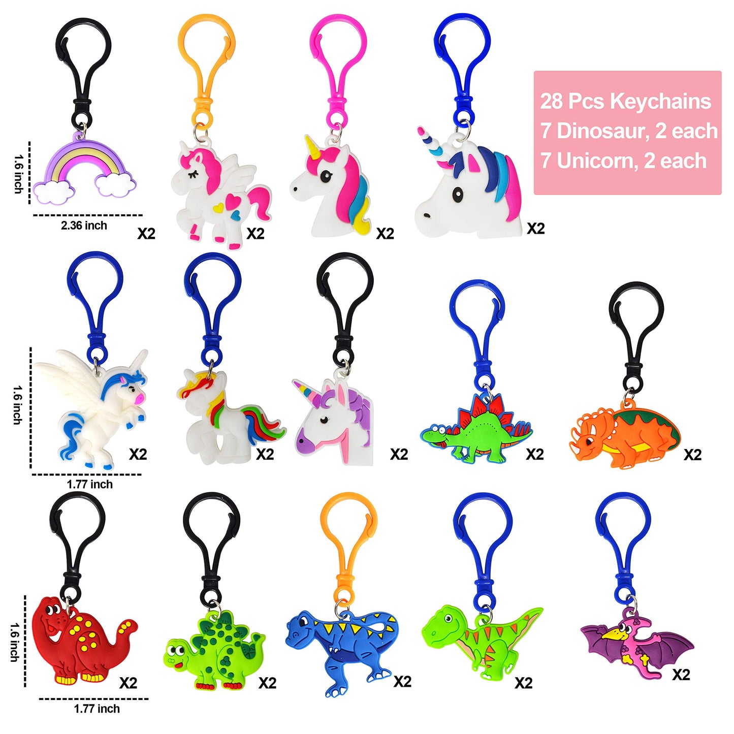 56 pcs Valentines Day Toys Set (28 Keychain and 28 Cards), Valentines Cards with Unicorn Dinosaur Gift Set for Kids, Valentines Classroom Exchange Cards