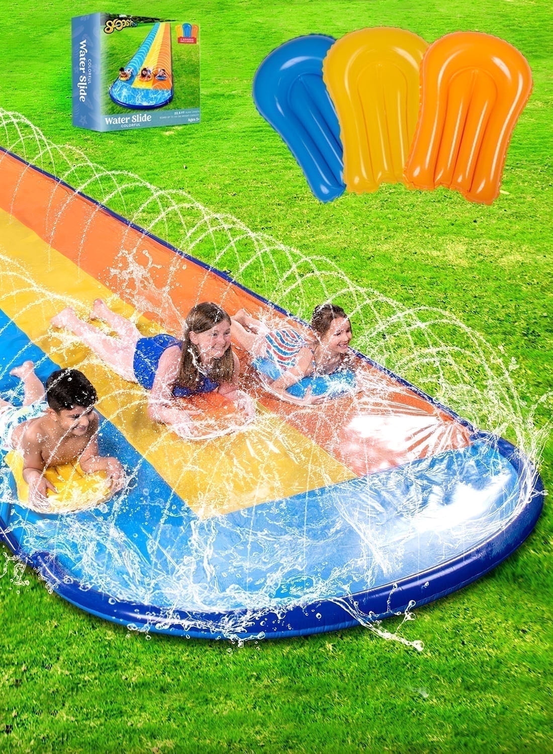 Joyfy 22.5ft Triple Water Slide and 3 Inflatable Boards, Backyard Summer Lawn Water Slides Waterslides and Sprinkler Water Toys for Kids Adults Outdoor Fun