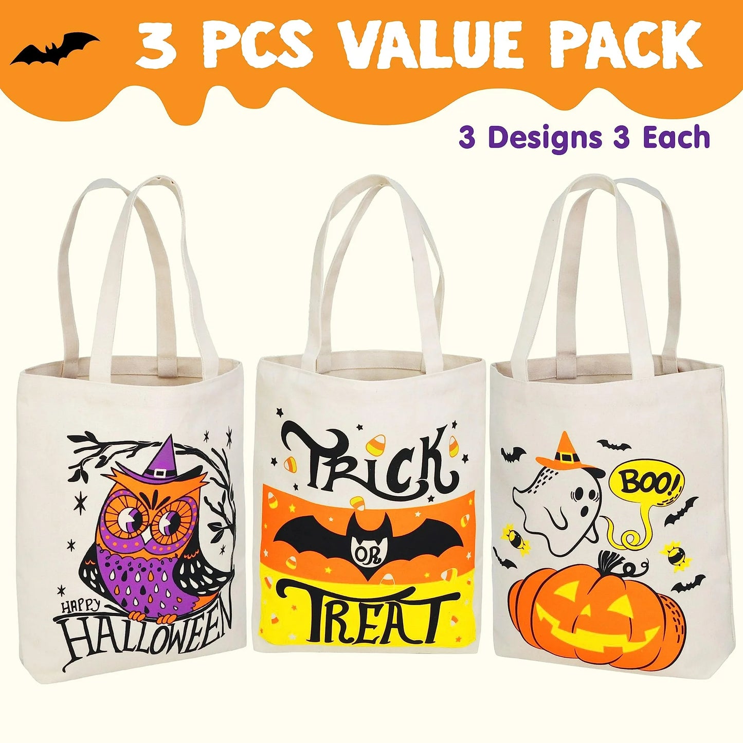 SYNCFUN 3 Pcs 13.75" Halloween Trick or Treat Bags,Halloween Tote Bags with Handles Goodie Bags,Halloween Gift Bags,Pumpkin Party Favor Halloween Basket