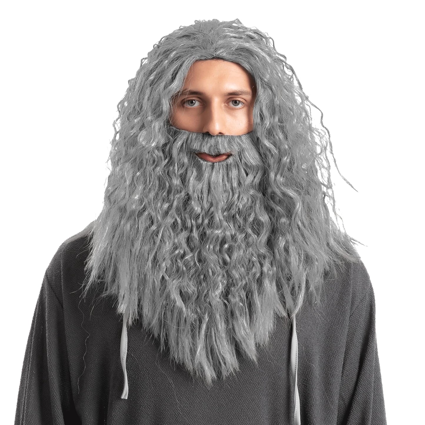 Joyfy Mens Grey Wizard Wig with Beard for Adults - Father Time Halloween Costume Accessory for Cosplay Party