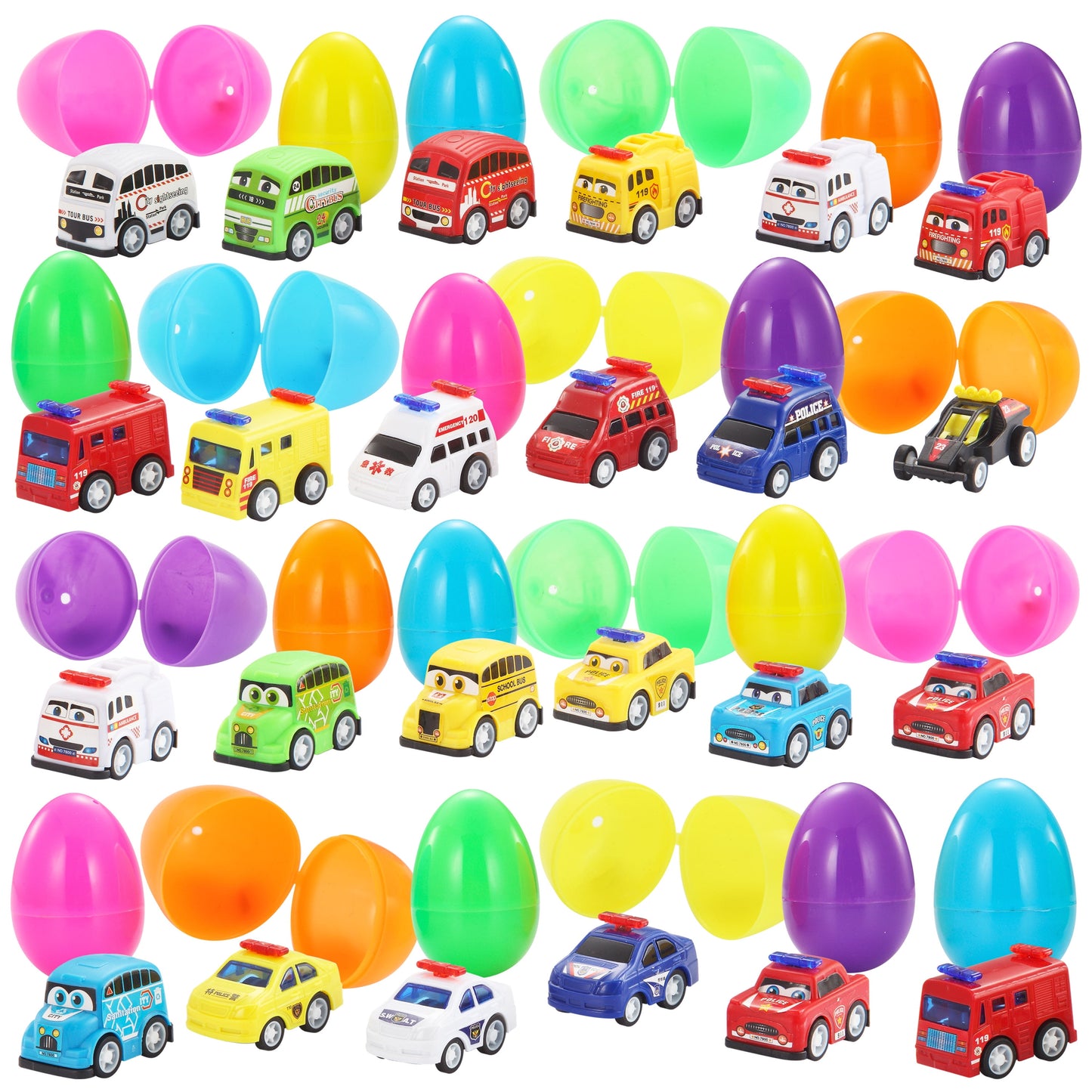 48 Pcs Easter Eggs with Toys Set (24 Easter Eggs and 24 Mini Pull Back Cars),Easter Eggs with Toys Fillers for Toddlers,Easter Egg Hunt Easter Basket Stuffers for Kids