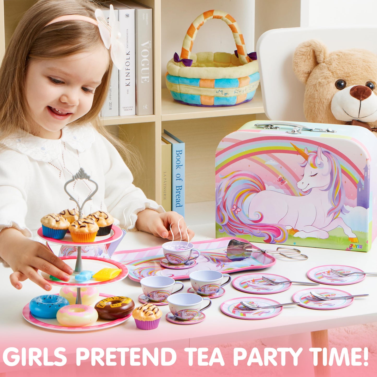 SYNCFUN 35 Pcs Unicorn Tea Set for Little Girls, Pretend Tin Teapot Set, Princess Tea Time Play Kitchen Toy, Birthday Gifts Kids Toddlers Age 3 4 5 6