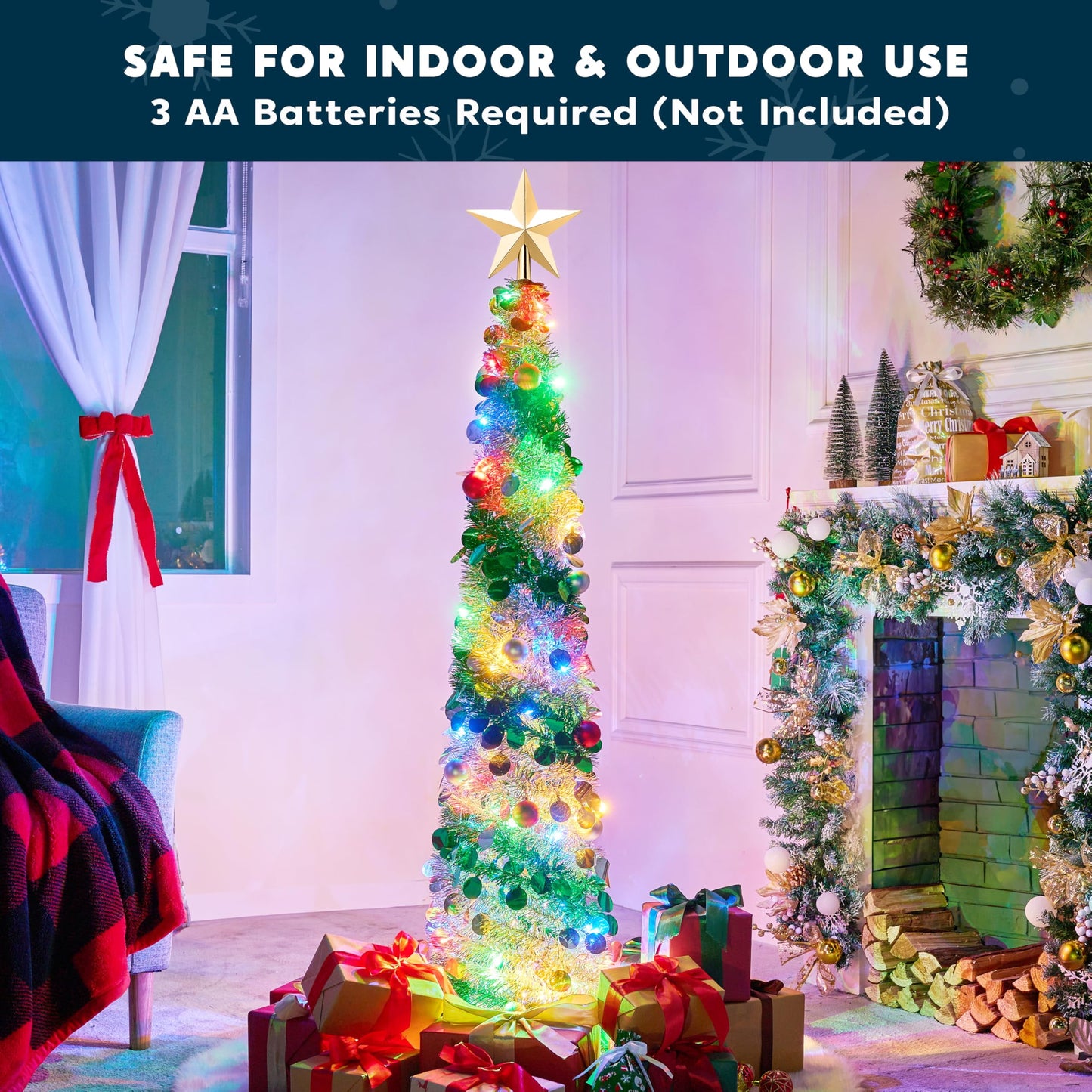 5ft Pop up Christmas Tree,Artificial Pencil Tinsel Xmas Trees with Lights and Ornaments,Collapsible Christmas Tree with Timer for Xmas Decorations Indoor Outdoor Holiday Party