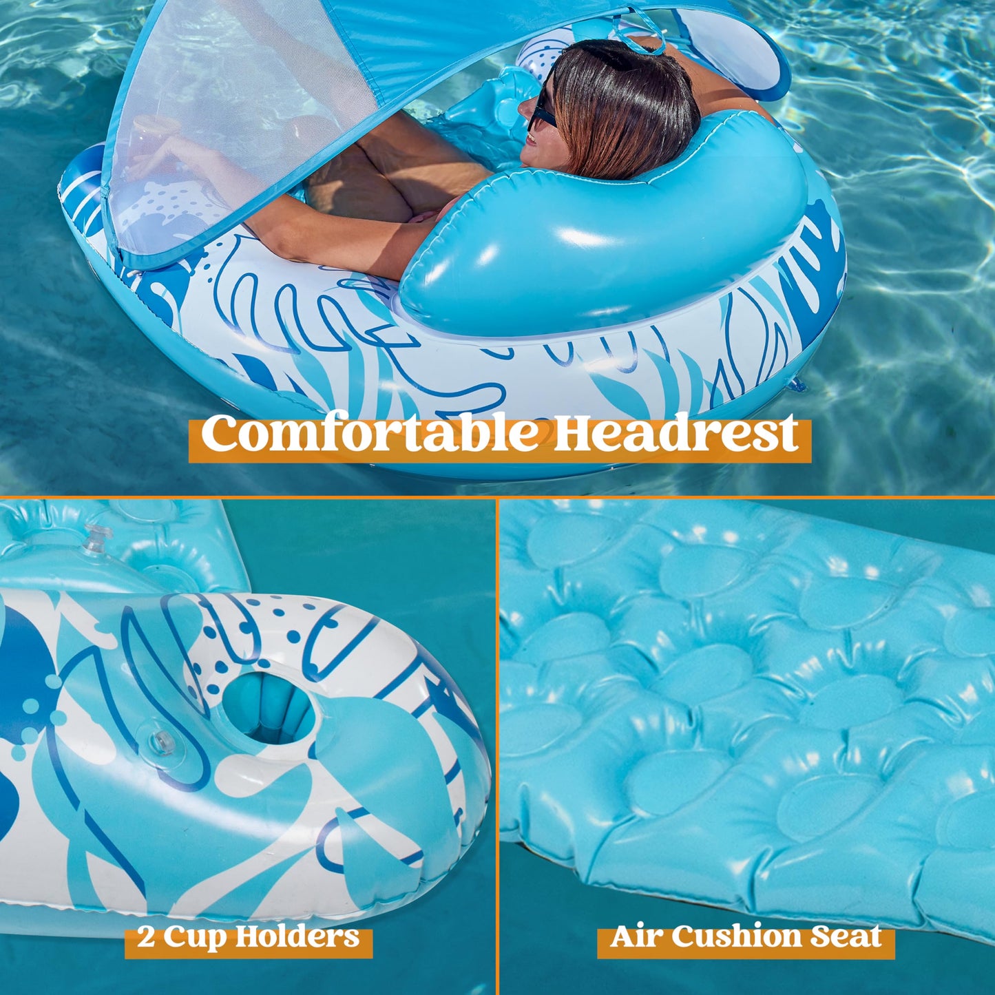 SYNCFUN Pool Float with Canopy, XL Pool Lounge Chairs with Cup Holders, Floating Pool Chair for Adults, Inflatable Pool Floatie with Headrest for Summer Pool Party