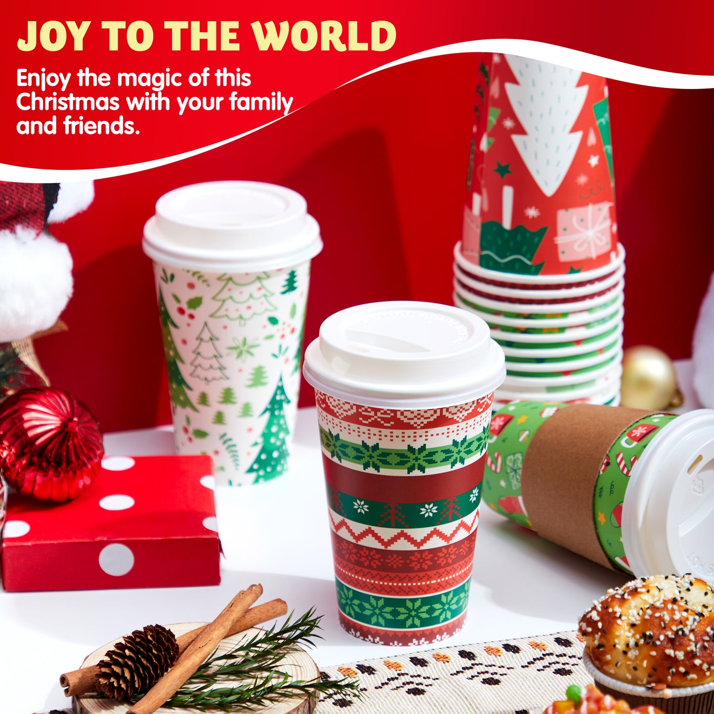 Joyfy 24 Pcs Christmas Disposable Paper Cups, 16 oz Xmas Dinnerware Cups With Cup Sleeves and Lids, 8 Designs Hot/Cold Beverages Tableware for Holiday Party Supplies
