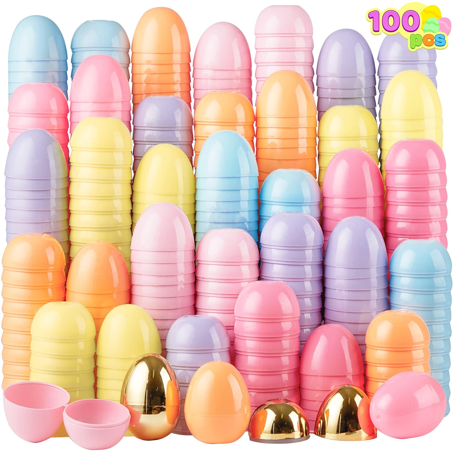 JOYFY 100 Pieces 3.15 Inch Pastel Easter Eggs + 2 Gold Eggs, Empty Easter Eggs Fillable, Colorful Plastic Eggs in Bulk for Easter Hunting