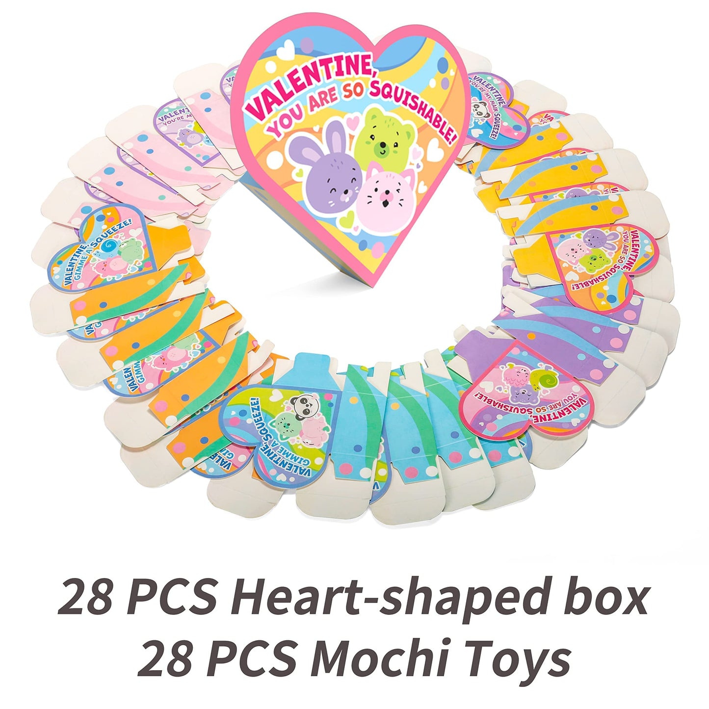 56 pcs (28 Valentines Day Cards with 28 Mochi Squishy Toys) for Kids, Fidget Mini s with Heart Boxes School Class, Valentines Day Gifts Set Exchange Prizes