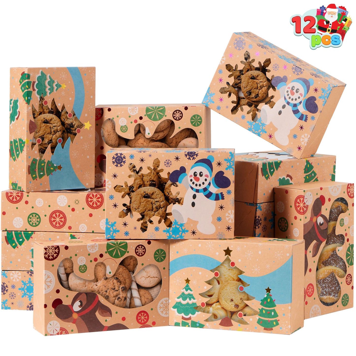 Joyfy 12 Pcs Foiled Christmas Cookie Boxes with Window 8.5" x 5.75" x 2.75", Treat Boxes for Pastries, Cupcakes, Brownies, Gift-Giving, Doughnut and Cookie, Brown Kraft Bakery Boxes