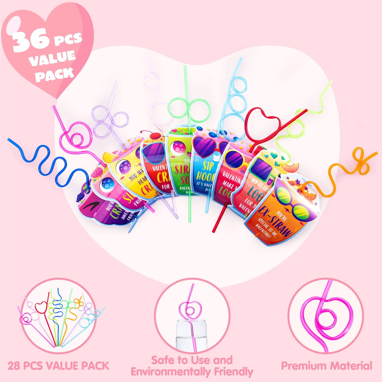 36 Pack Valentines Day Cards with Reusable Drinking Straws for Valentine Party Favors Kids Valentine School Classroom Exchange Gift Cards